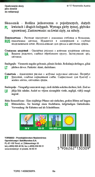 Słonecznik kwiatowy - Helianthus annuus pojedynczy wysoki - mieszanka 3g