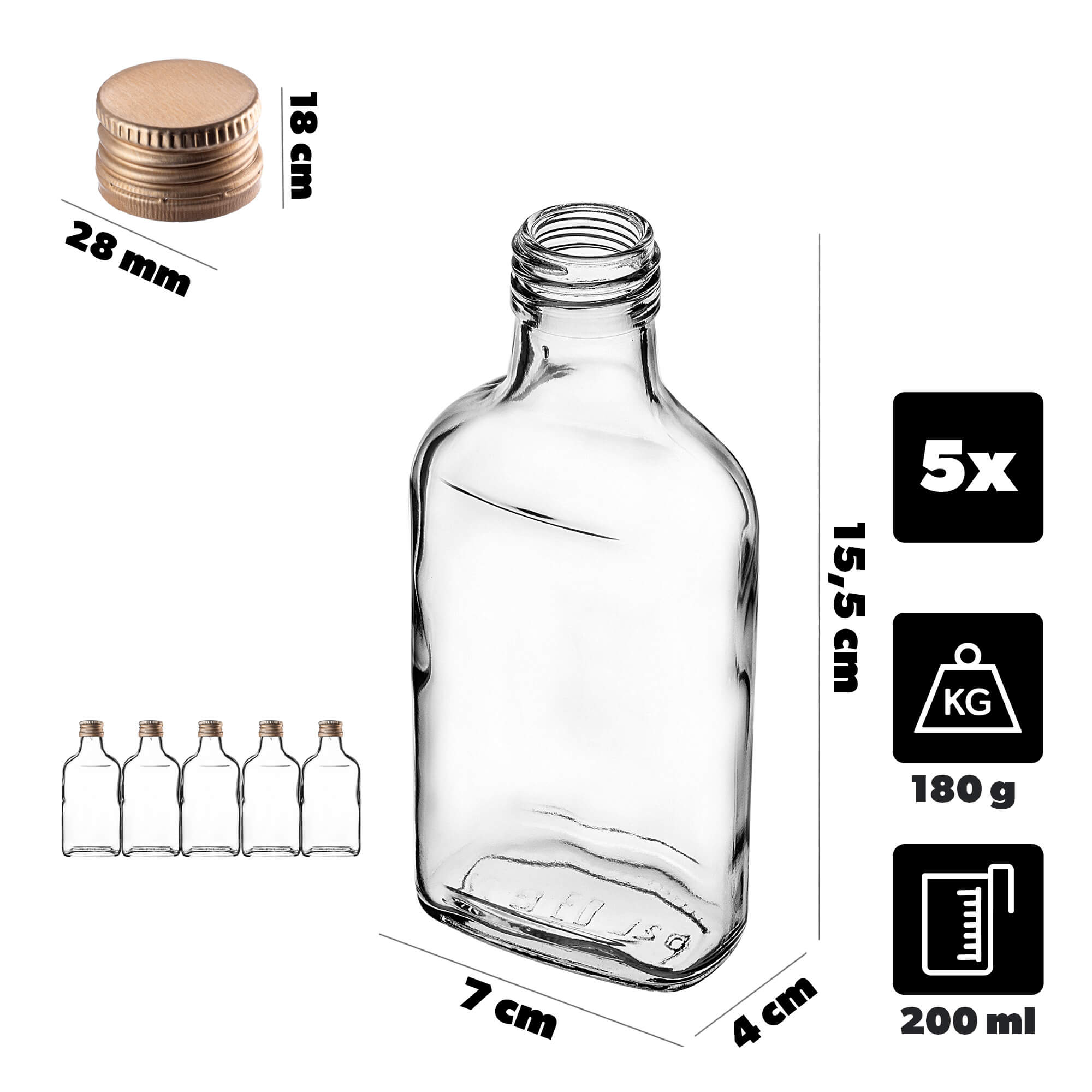 Butelka piersiówka Viane 200ml ze złotą zakrętką 5 szt.
