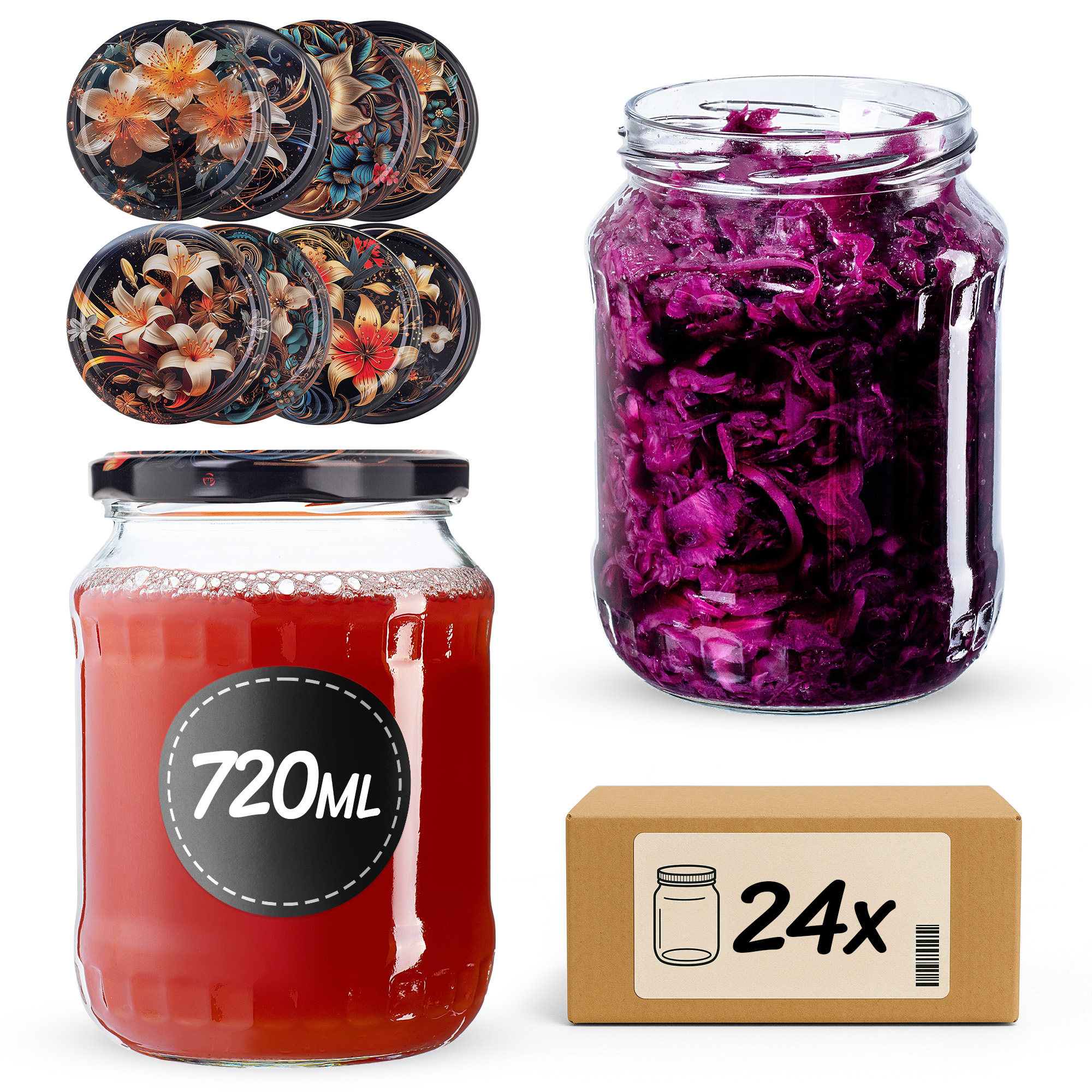 Słoiki na przetwory Jukka 720ml fi82mm 24szt + wieczko Kwiaty