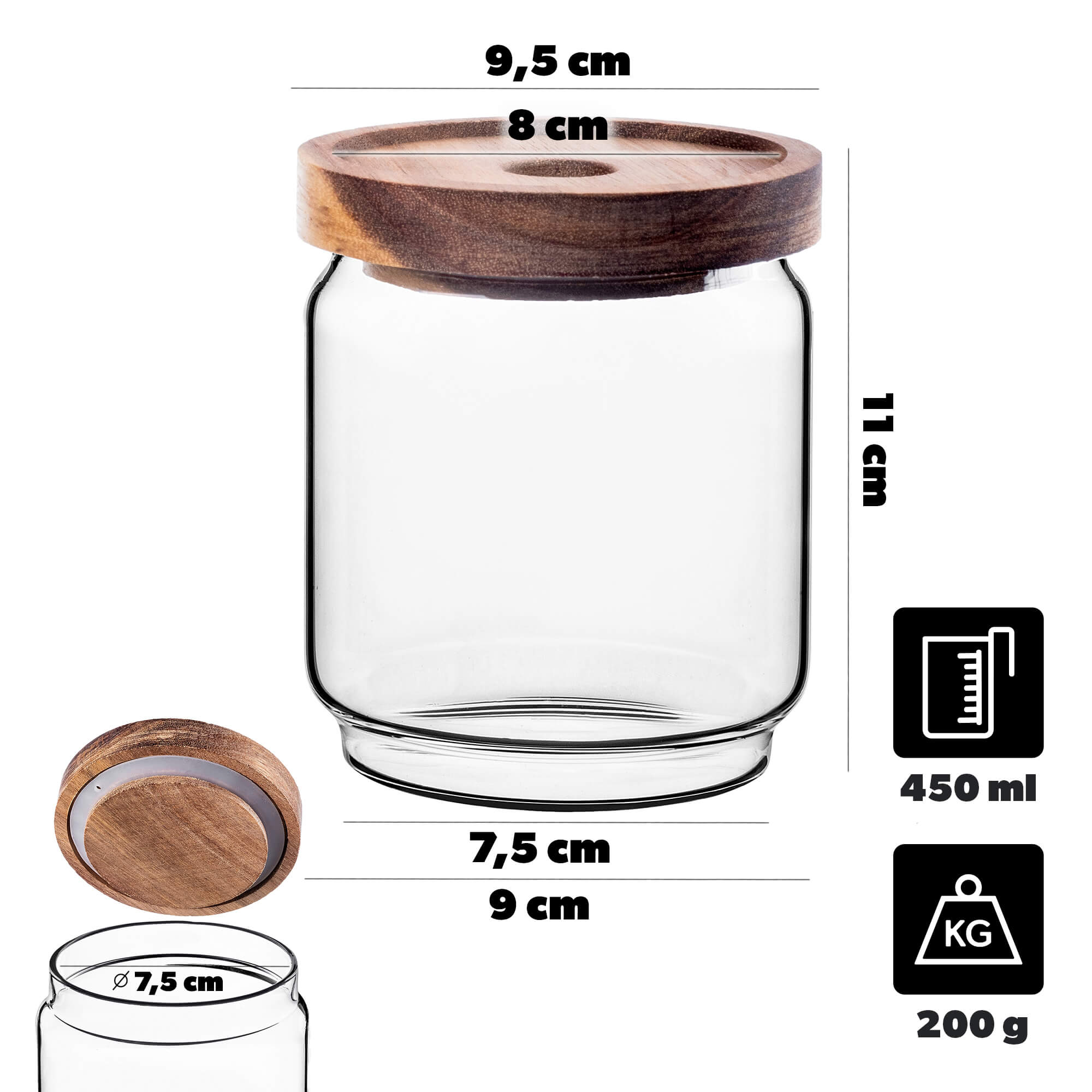 Pojemnik szklany na żywność Rucce z drewnianą pokrywką 450ml