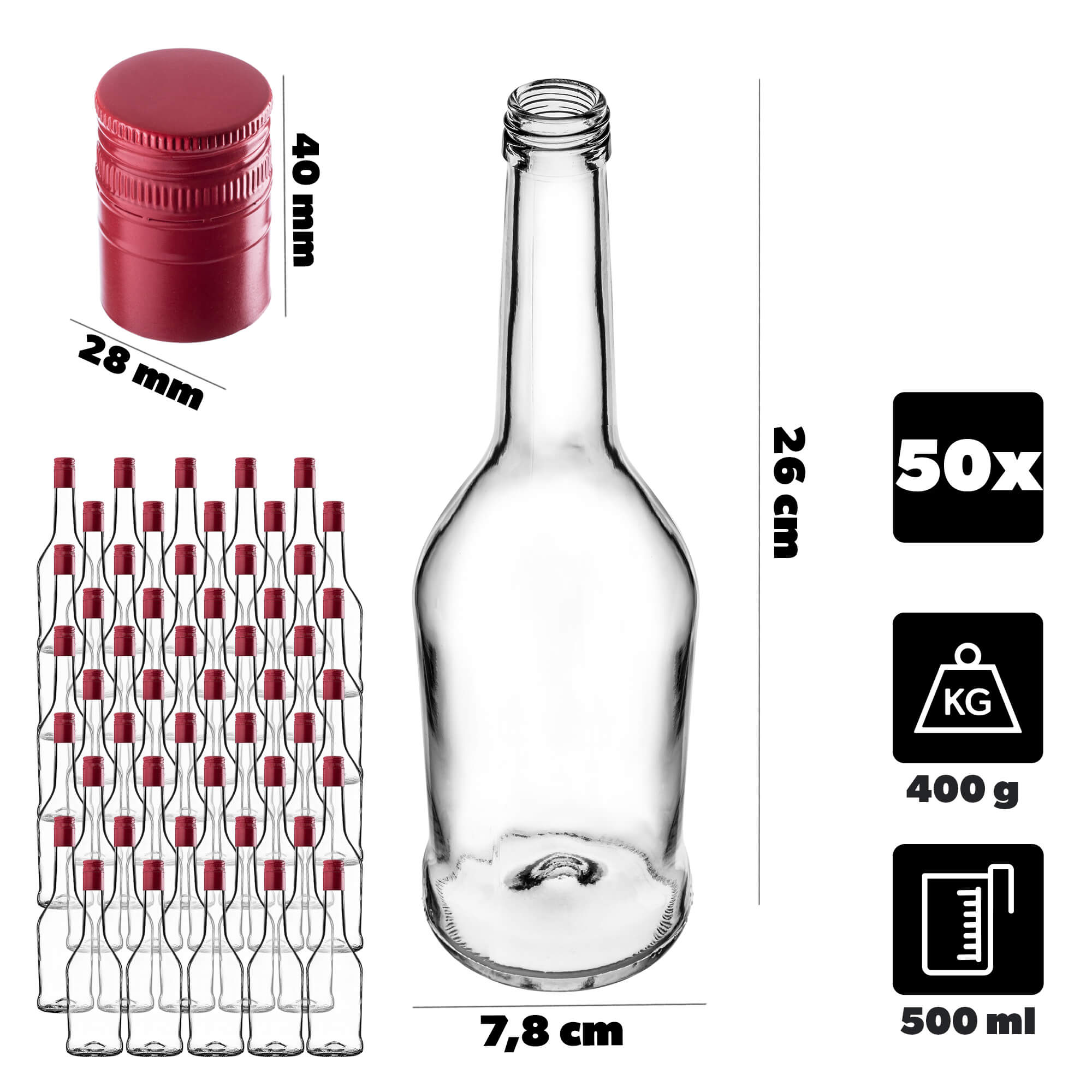 Szklana butelka na nalewkę Loiret 500ml z długą czerwoną zakrętką 50 szt.