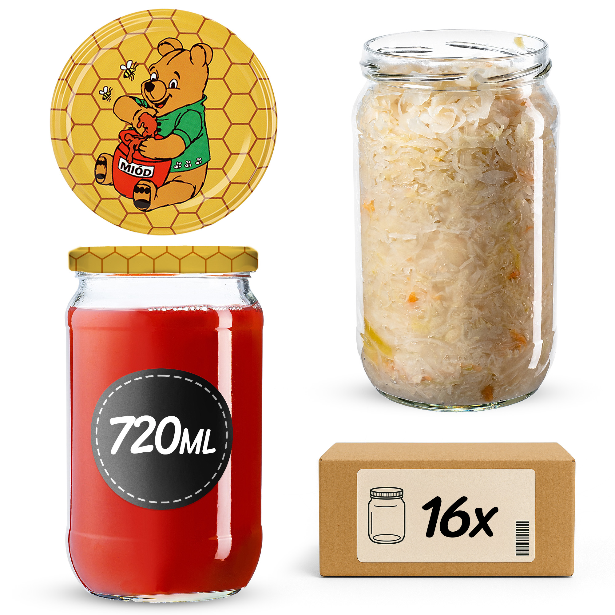 Słoiki na przetwory Niva 720ml 16szt 82mm + wieczka "Miód"