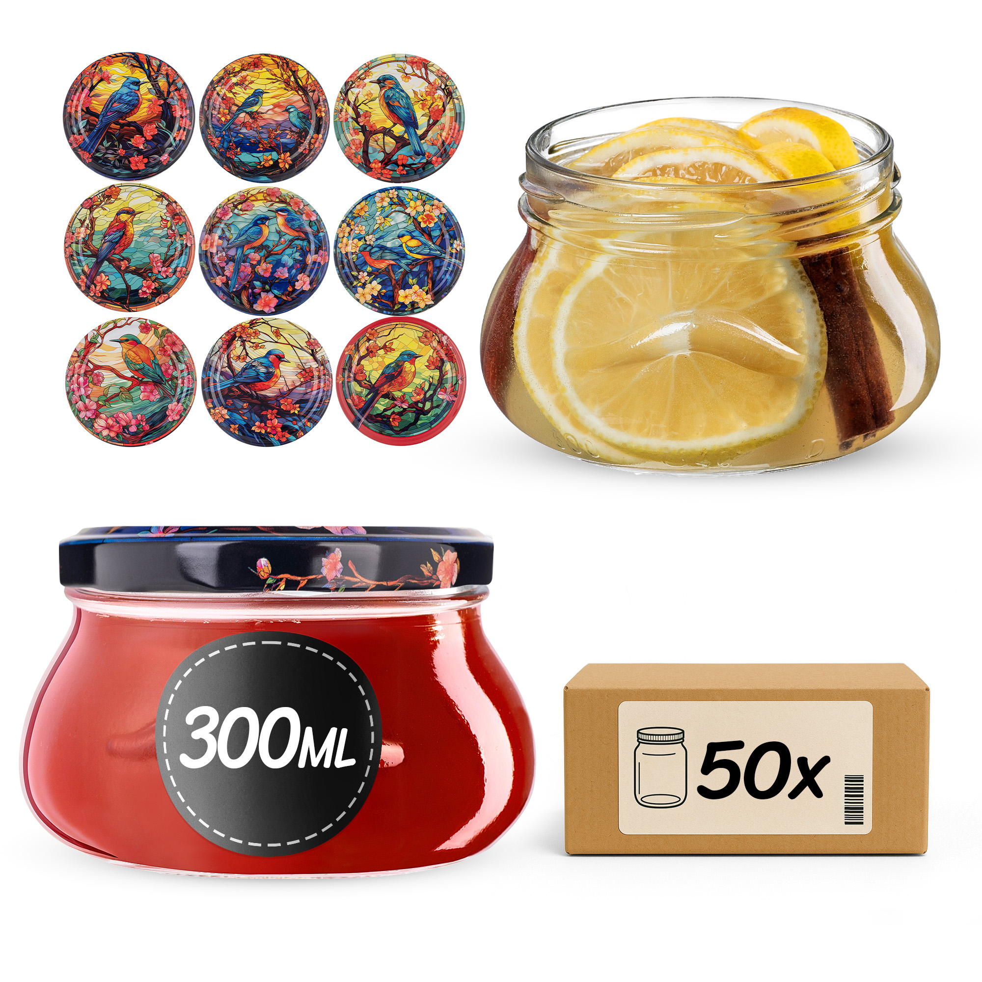 Słoiki na przetwory Raja 300ml fi82mm 50szt + wieczko Ptaki