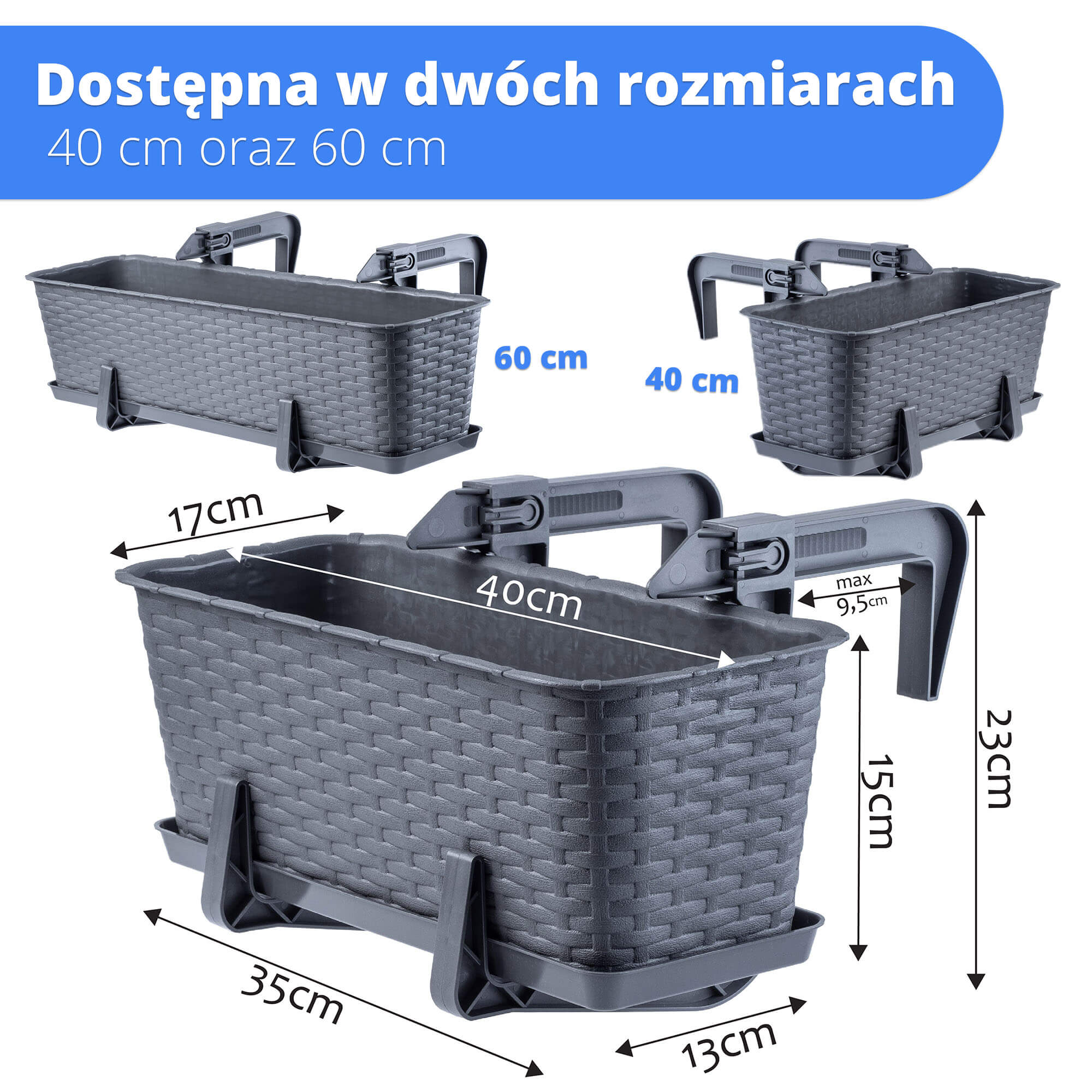 Skrzynka balkonowa rattan z podstawką i uchwytami Frette 40 cm, grafit