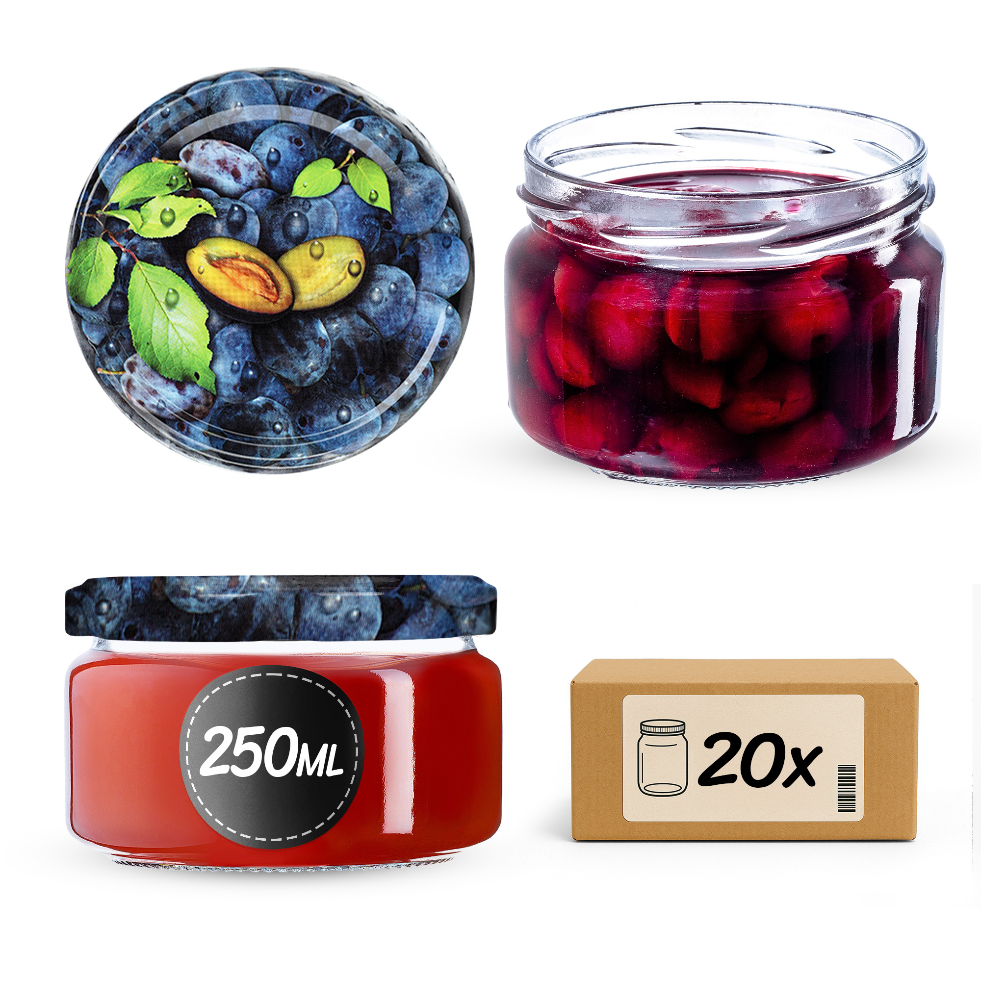 Słoiki na przetwory Denia 250ml 20szt 82mm + wieczko "Śliwki"