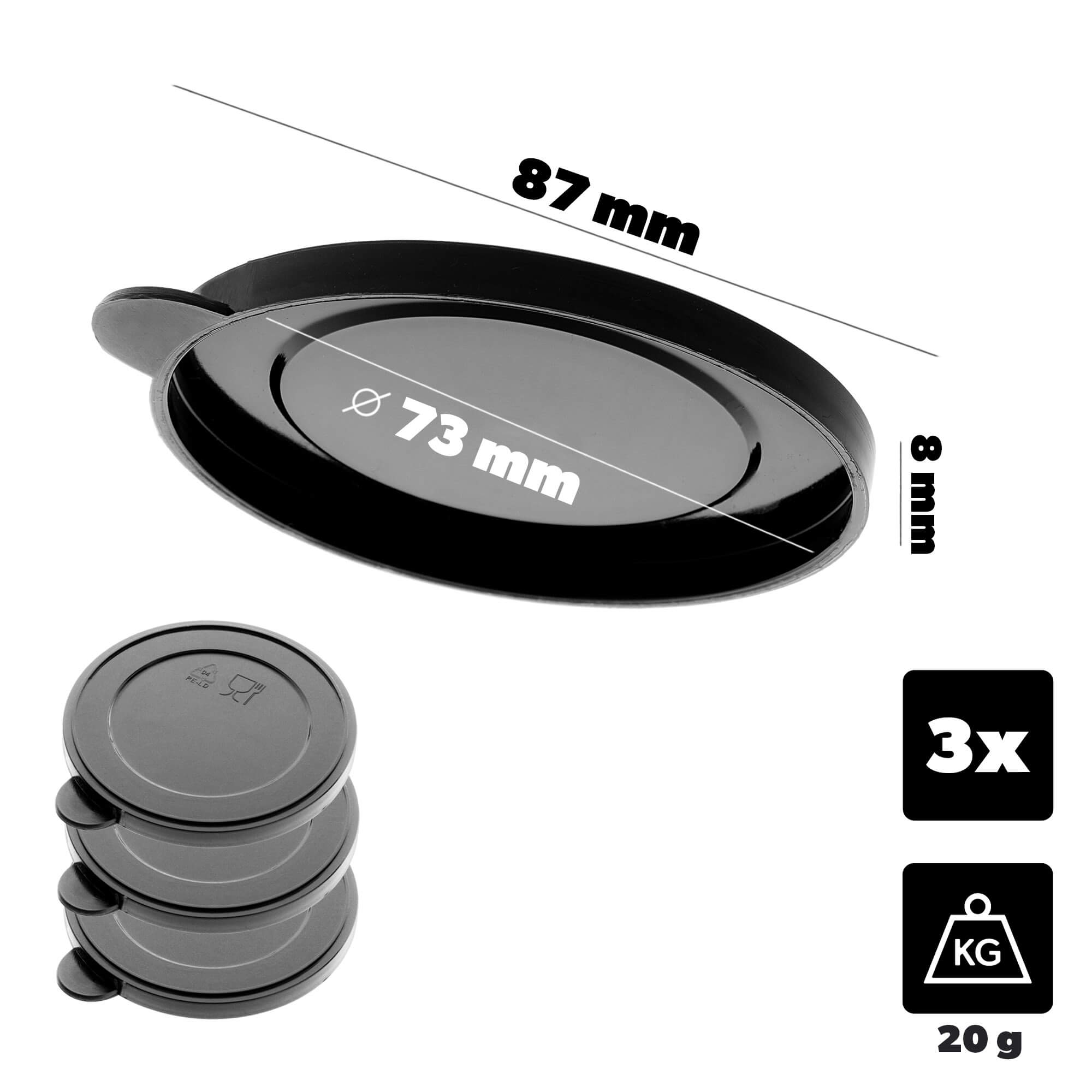 Zestaw pokrywek na puszki Oizon 73mm czarny 3 szt.