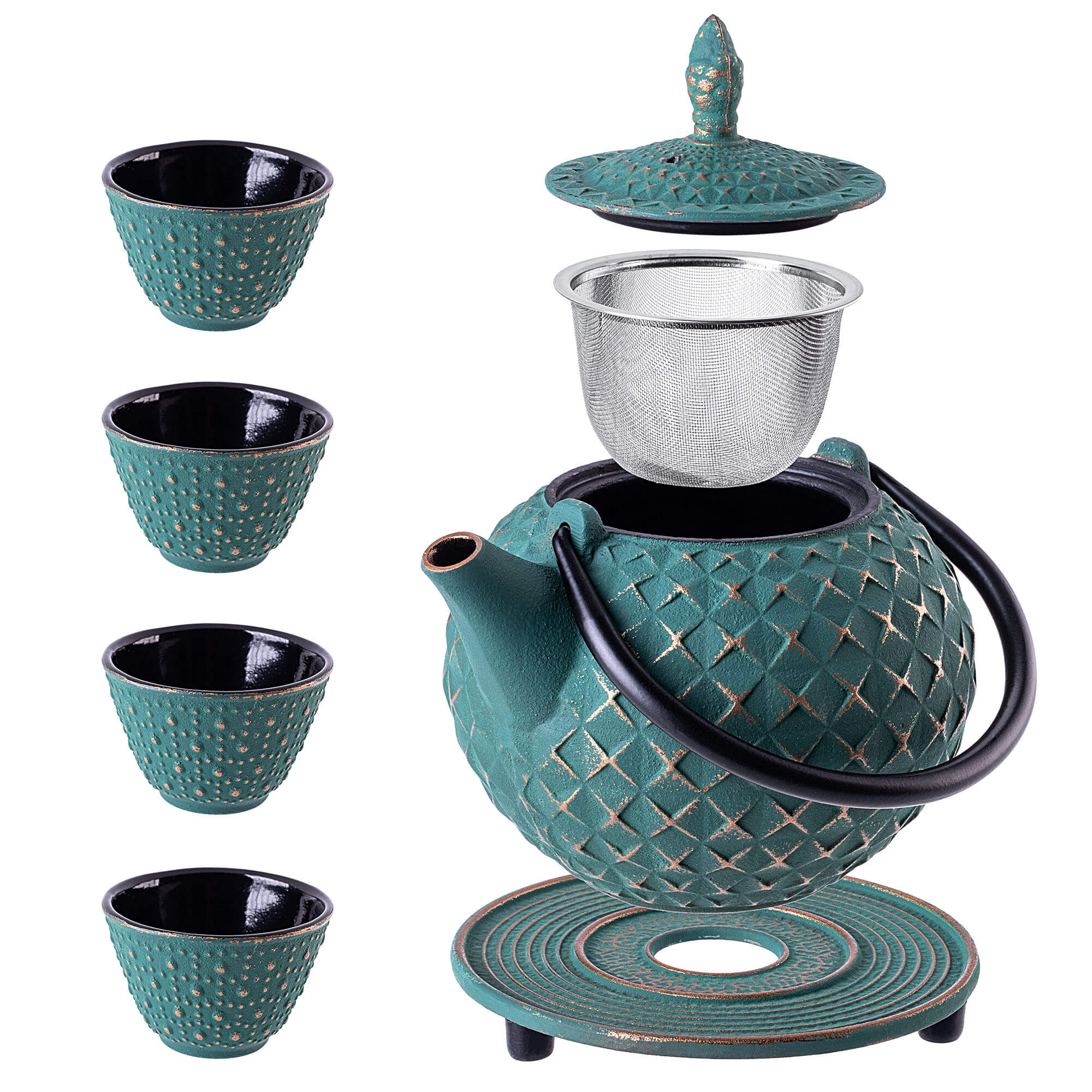 Czajnik żeliwny z czarkami i zaparzaczem Genua zielony