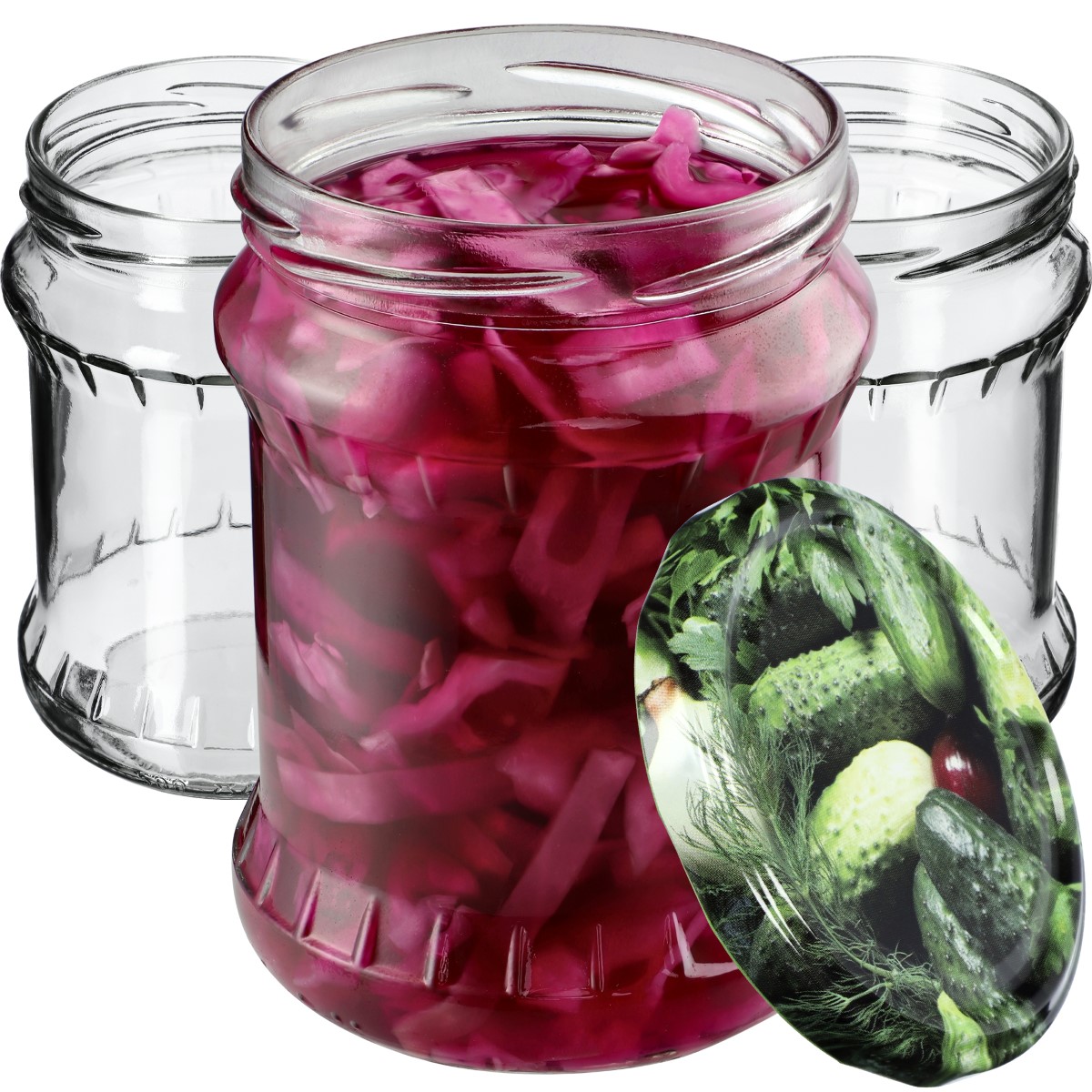 Słoiki na przetwory Kisko 500ml 16szt 82mm + wieczka "Ogórki"