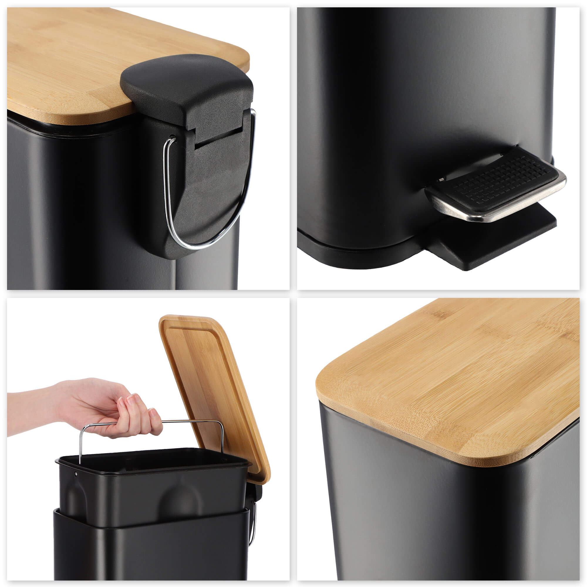 Kosz na śmieci z bambusową pokrywą 5L, czarny