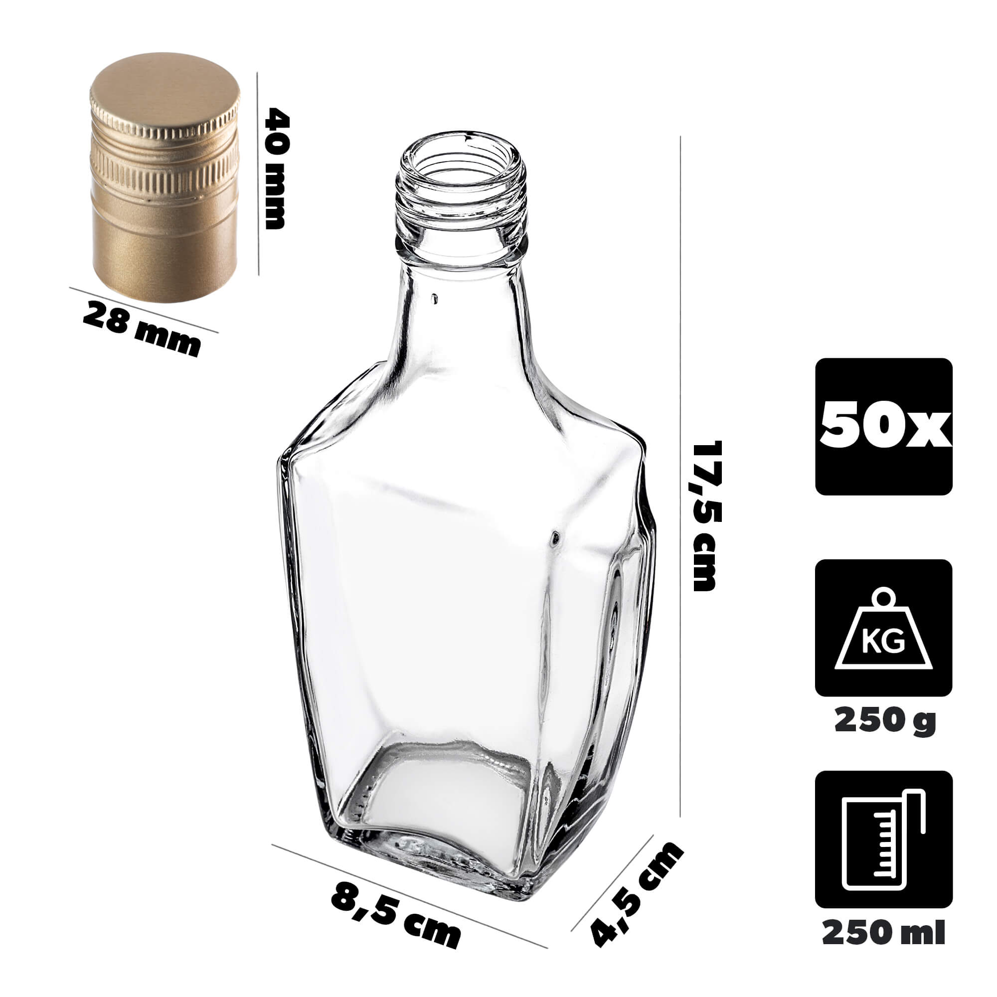 Szklana butelka na nalewkę Faenza 250ml z długą złotą zakrętką 50 szt.