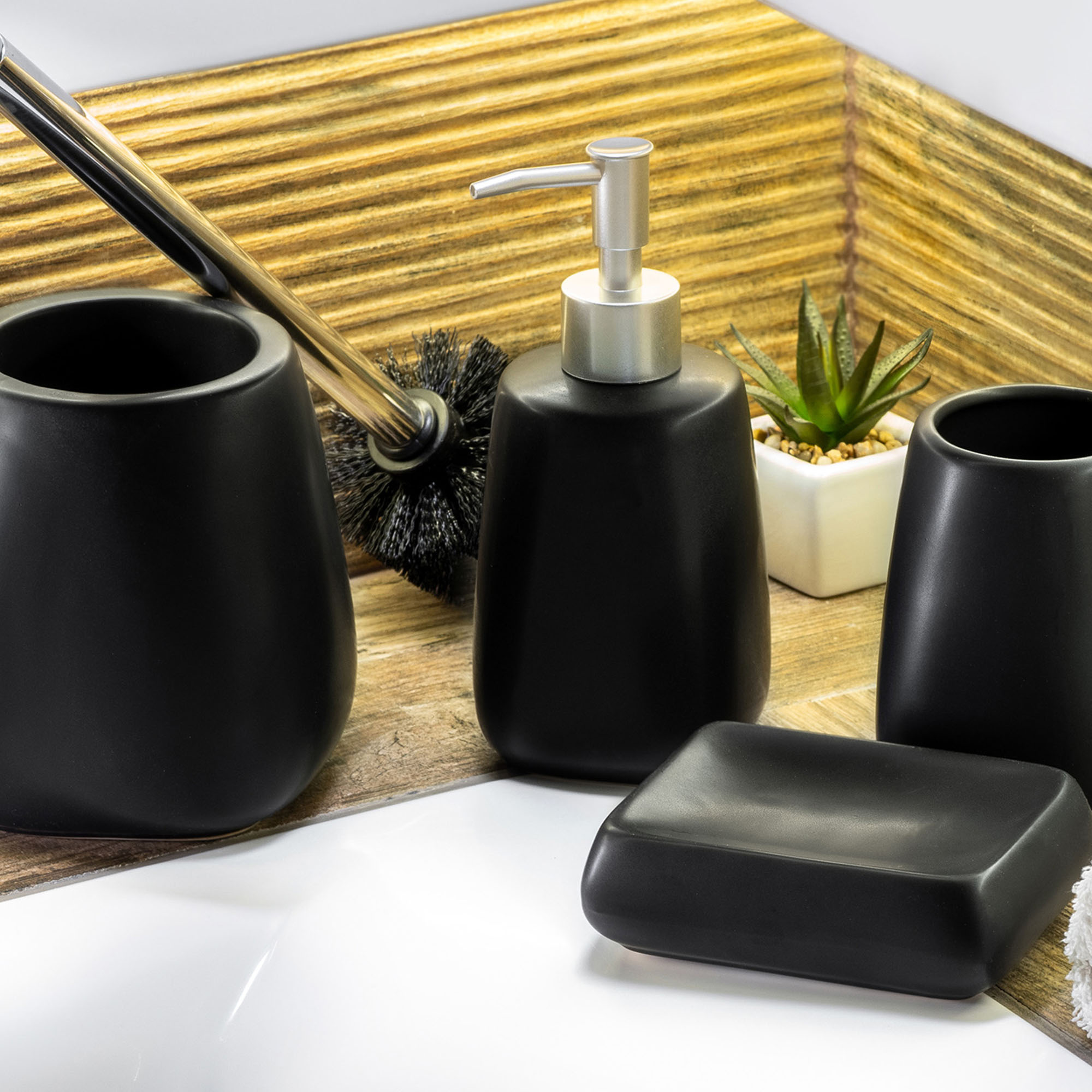 Zestaw łazienkowy szczotka WC + kubek + dozownik, czarny