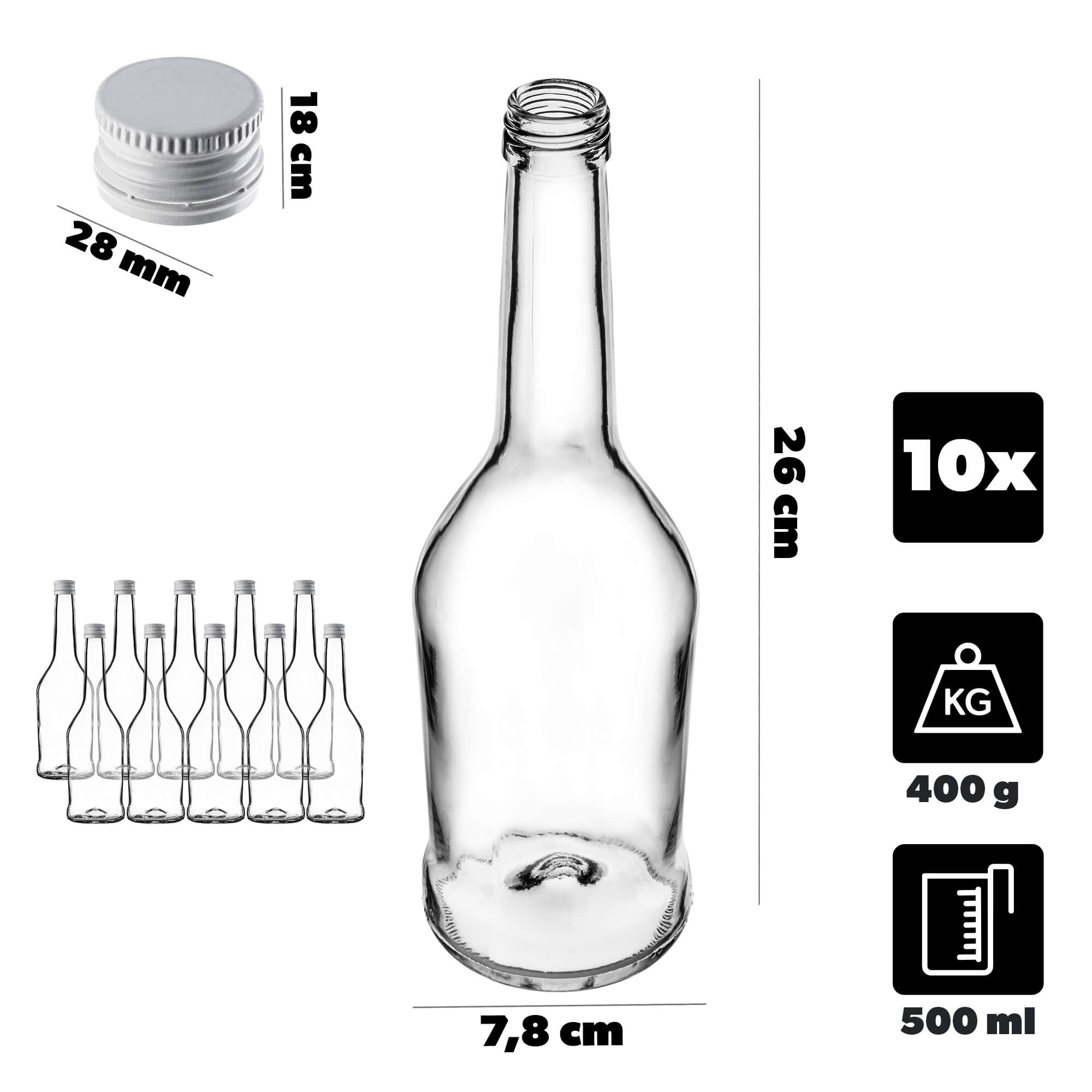 Szklana butelka na nalewkę Loiret 500ml z białą zakrętką 10 szt.