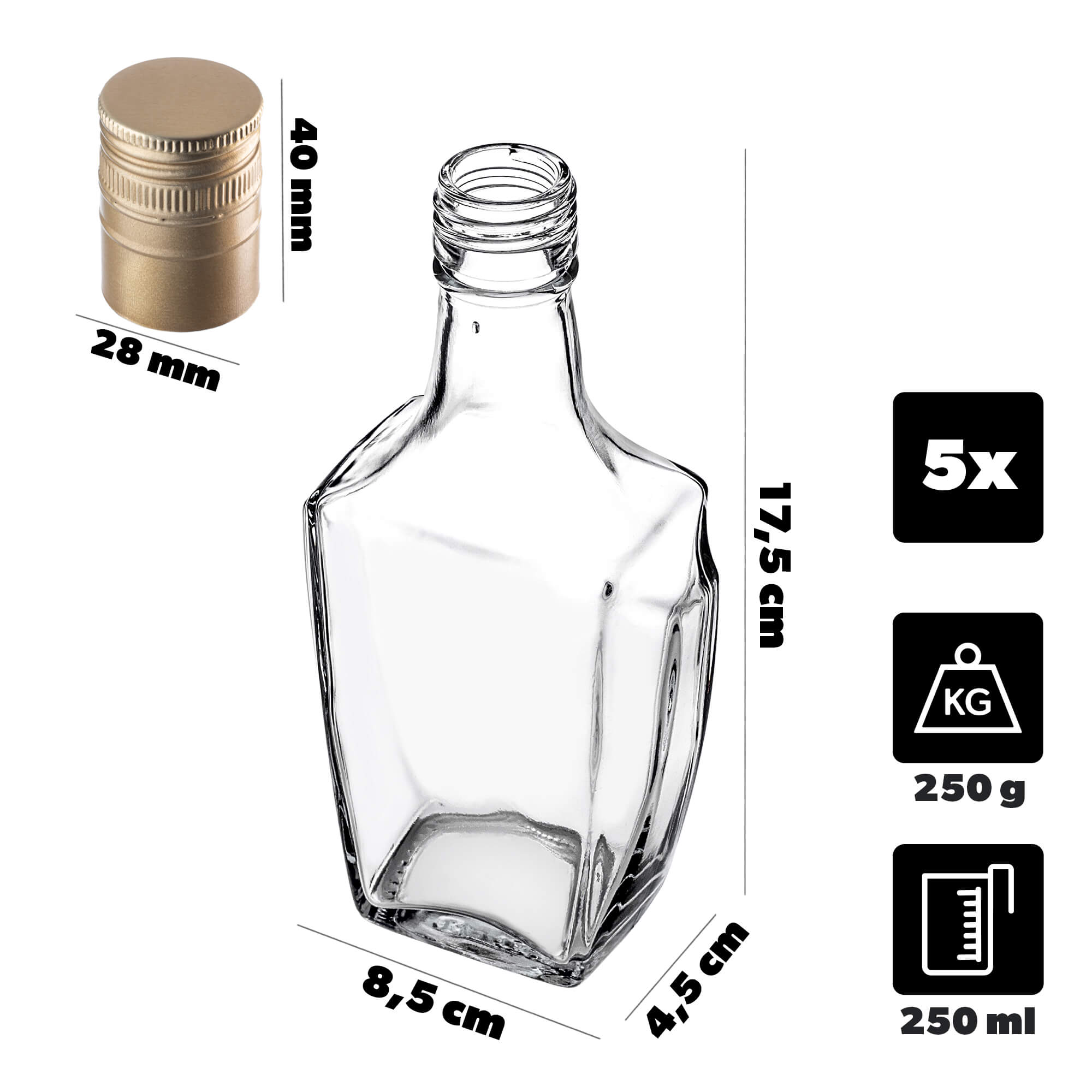 Szklana butelka na nalewkę Faenza 250ml z długą złotą zakrętką 5 szt.
