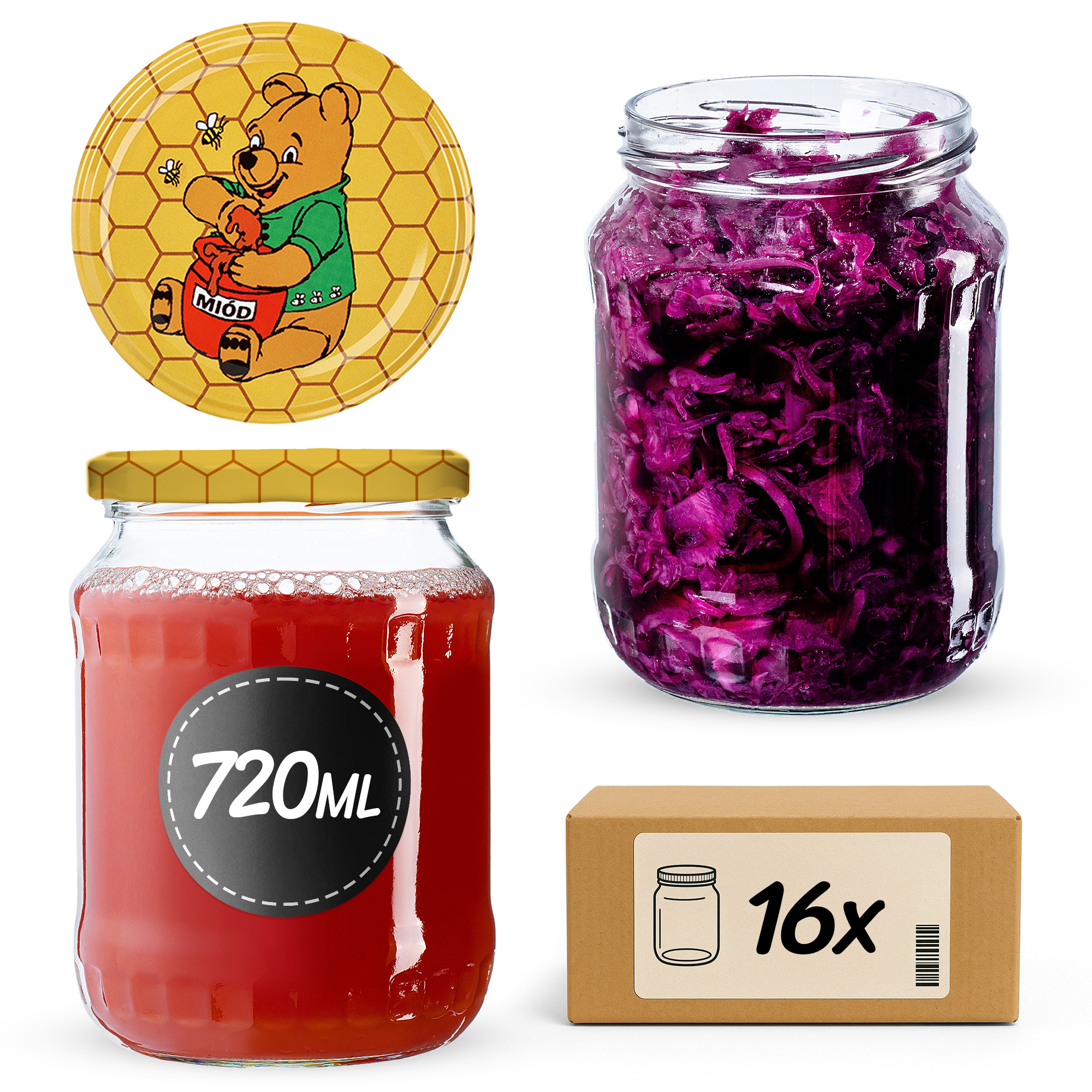 Słoiki na przetwory Jukka 720ml 16szt 82mm + wieczka "Miód"