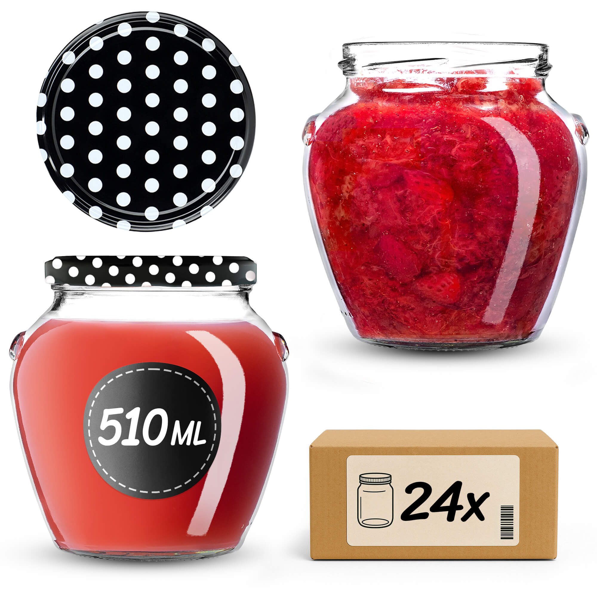 Słoiki na przetwory Sassa 580ml 24szt 82mm + wieczka "Czarny groszek"
