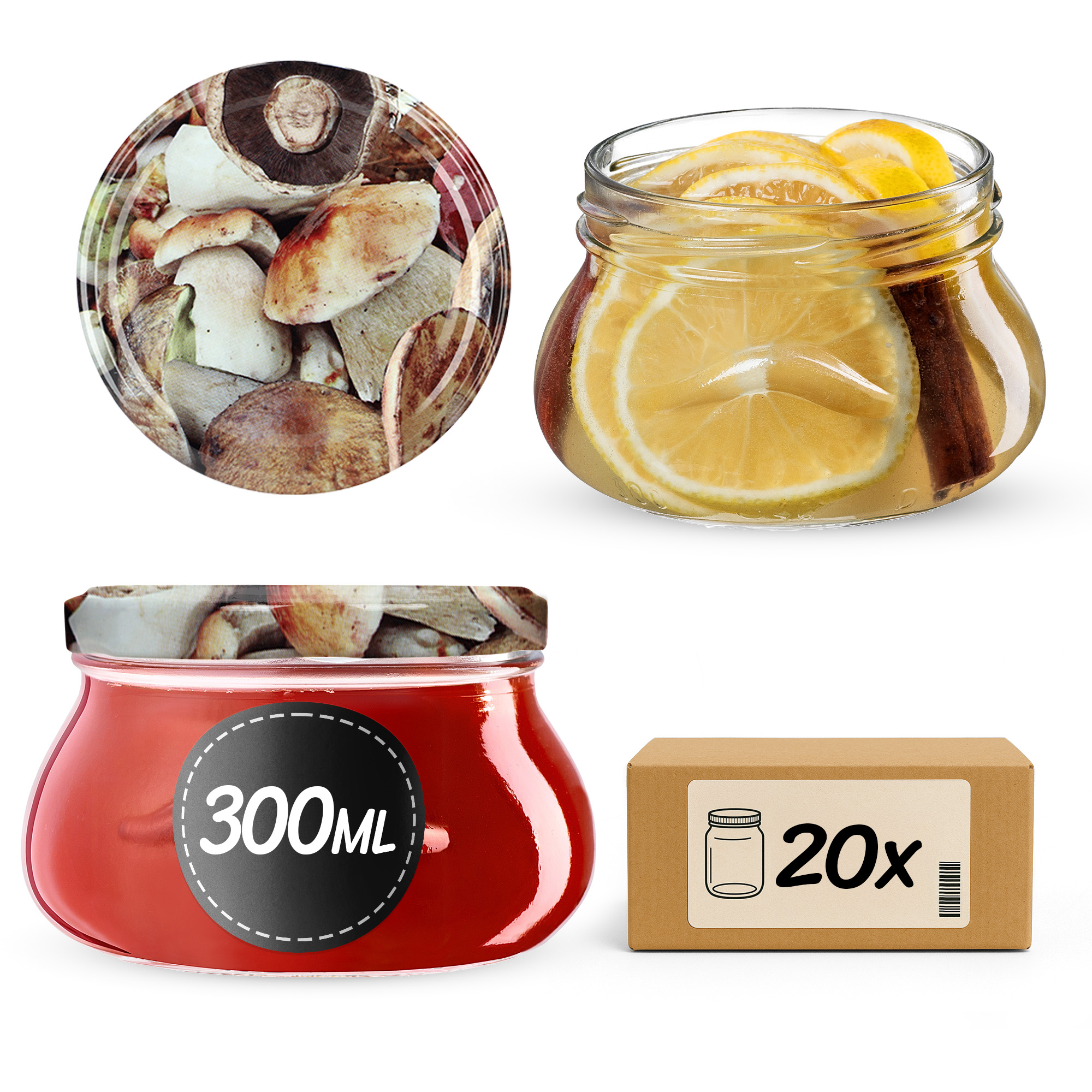 Słoiki na przetwory Raja 300ml 20szt 82mm + wieczka "Grzyby"