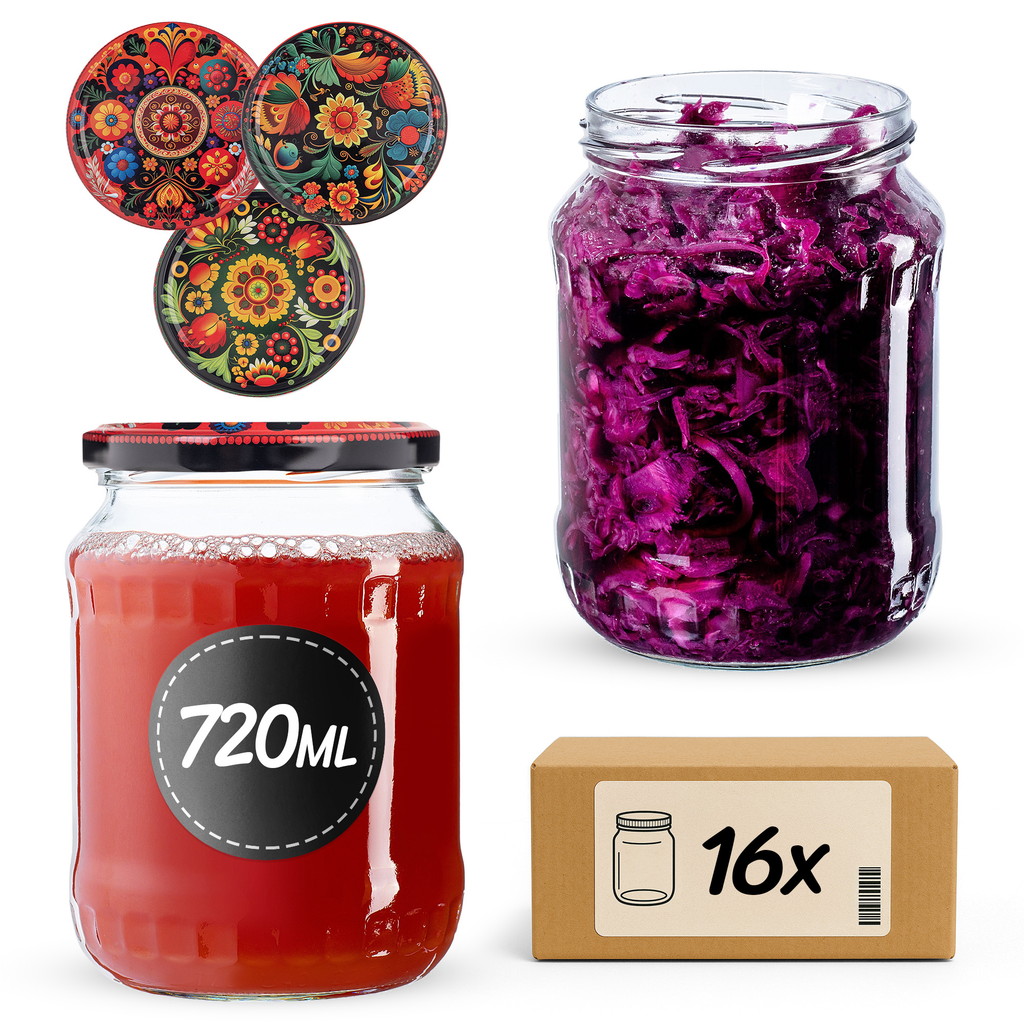 Słoiki na przetwory Jukka 720ml fi82mm 16szt + wieczko Haftowanka