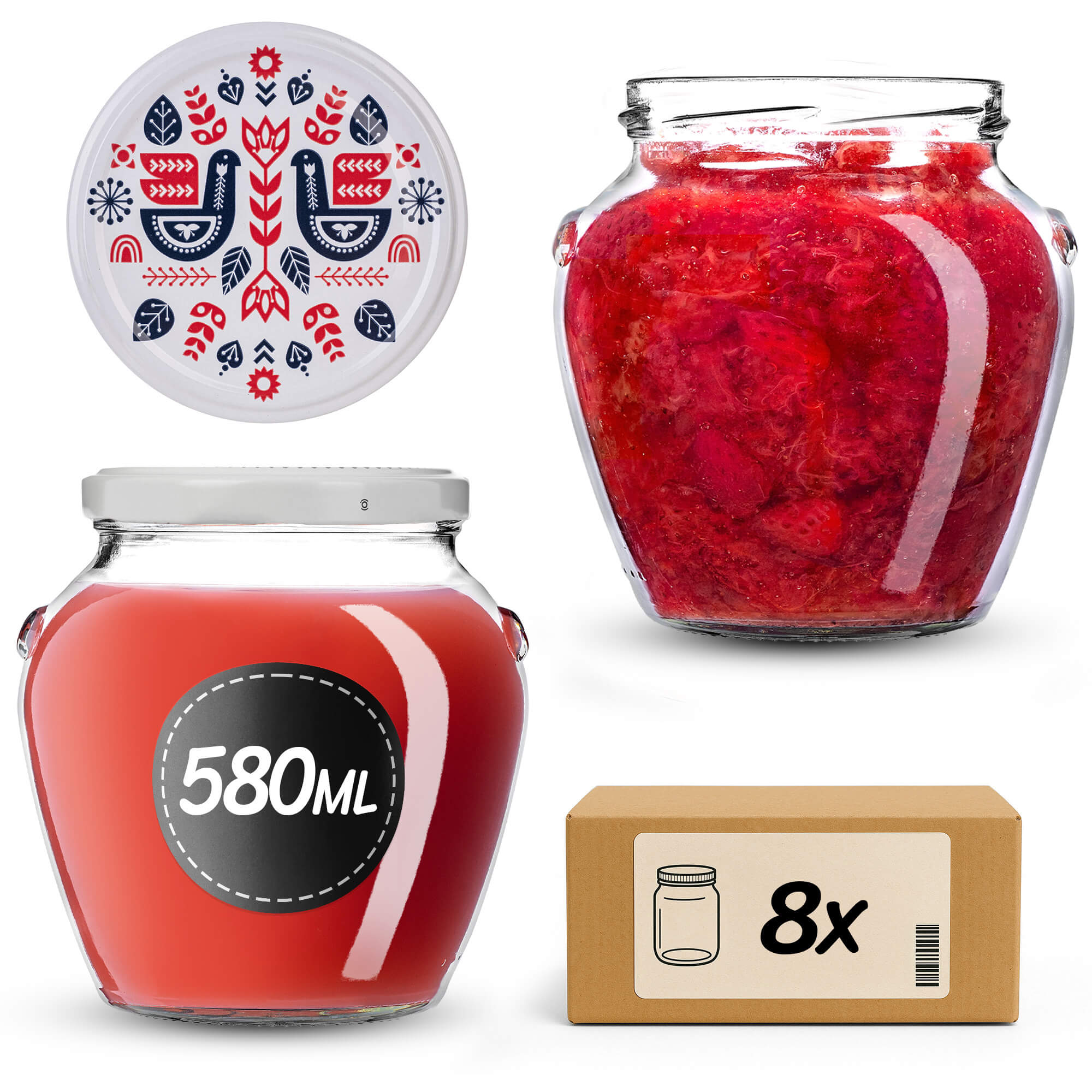 Słoiki na przetwory Sassa 580ml 8szt 82mm + wieczka "Folklor z kurą"