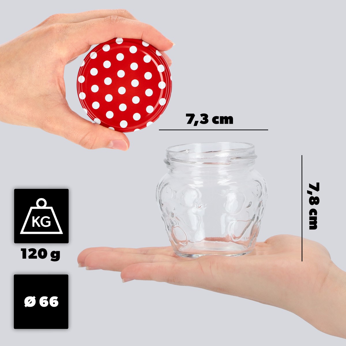 Słoiki Kemi 200ml 50szt 66mm + wieczka "Czerwony Groszek"