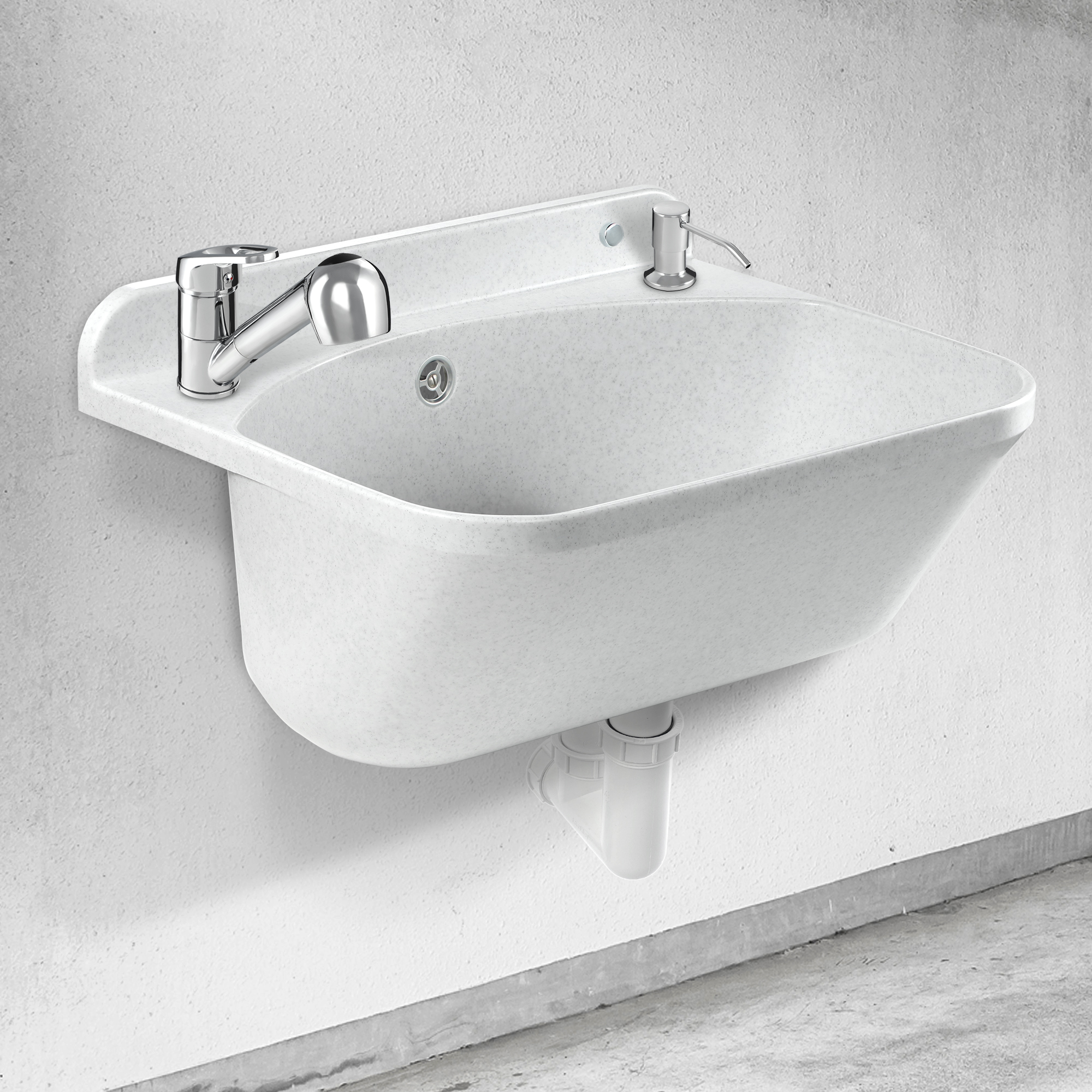 Zlew gospodarczy z wyciąganą baterią i dozownikiem Gospo Eko, biały