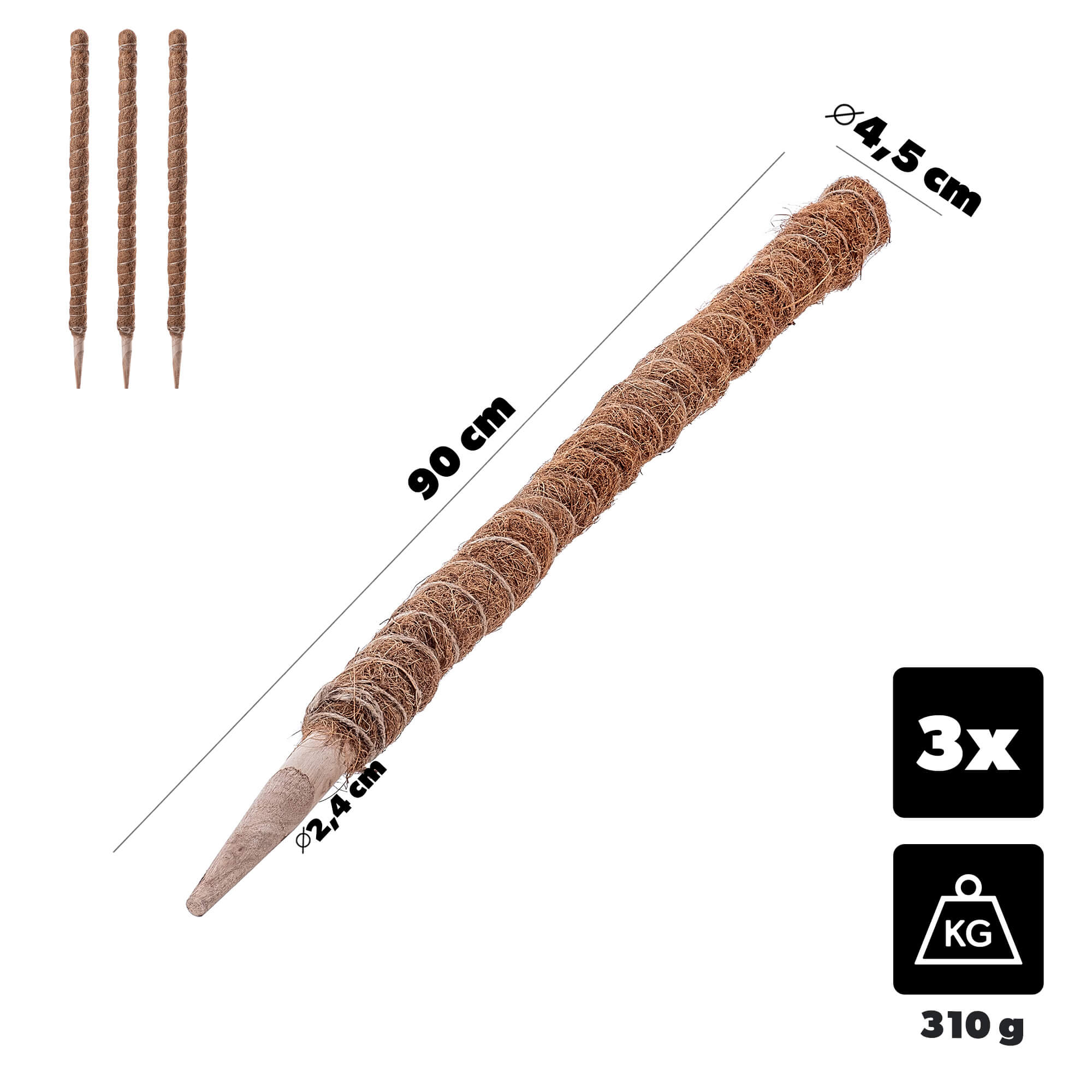 Tyczka do roślin kokosowa Cande 90 cm podpora doniczkowa 3 szt.