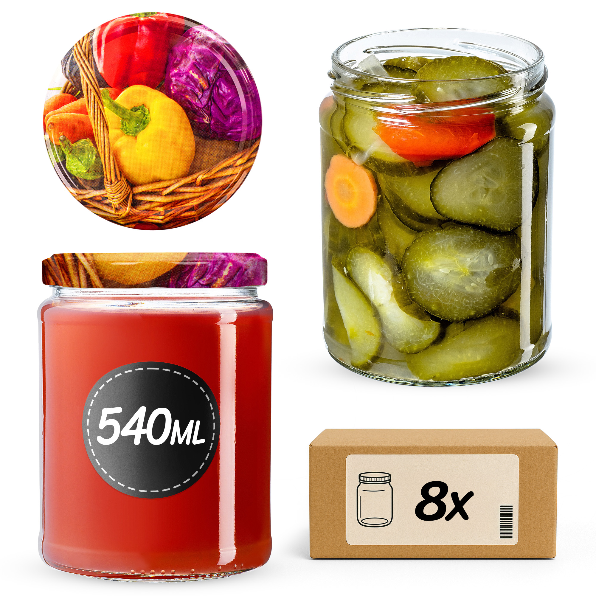 Słoiki na przetwory Maki 540ml fi82mm 8szt + wieczko Warzywa