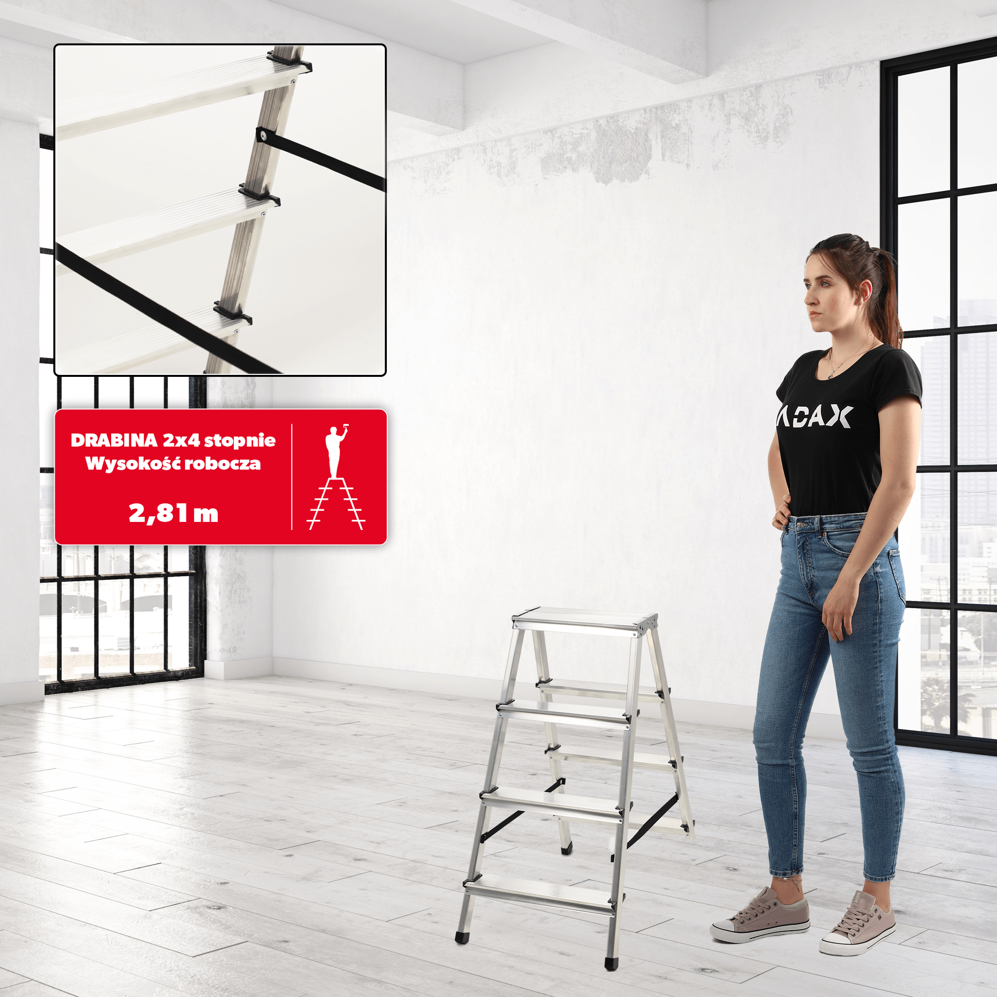 Drabina aluminiowa z podestem Molde, 4 stopnie, 125 kg