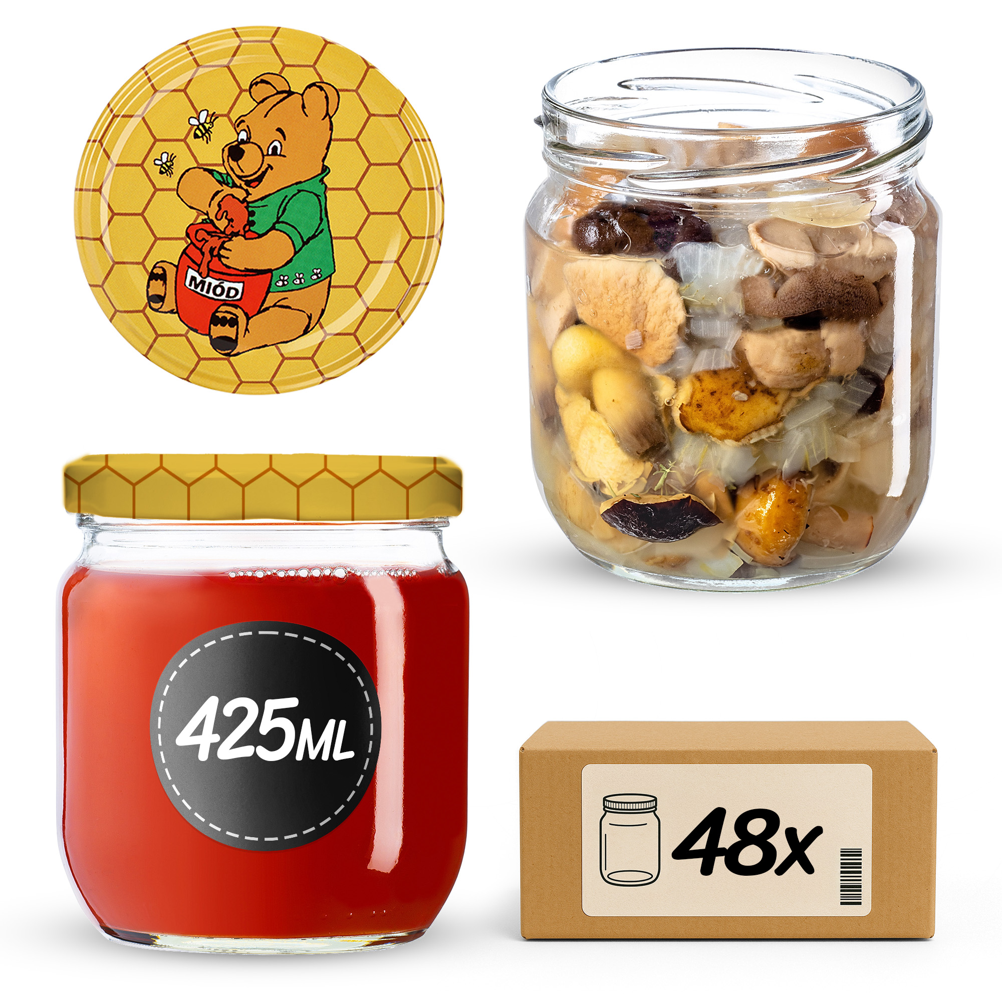 Słoiki na przetwory Salla 425ml 48szt 82mm + wieczka "Miód"