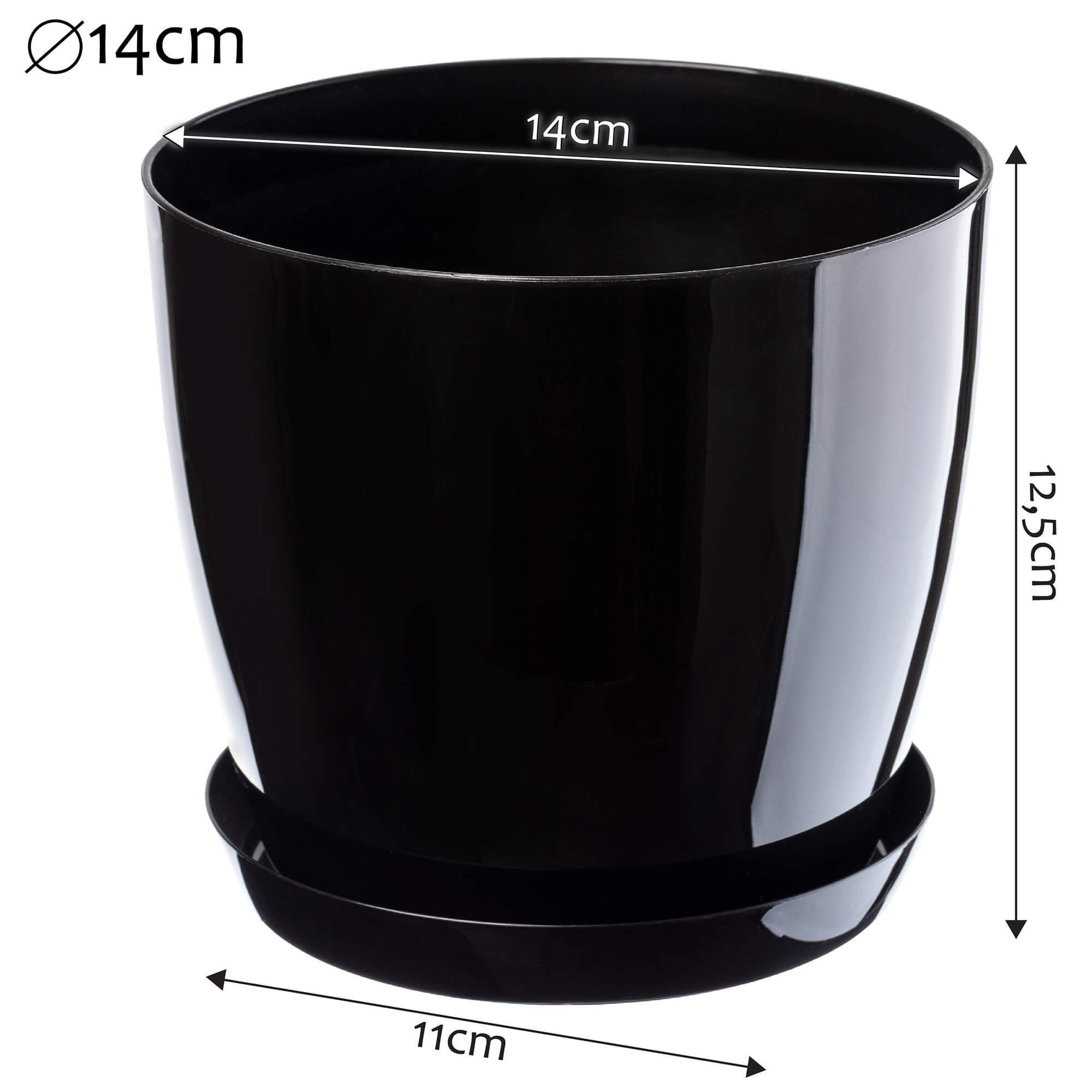 Doniczka na kwiaty z podstawką 14 cm, czarna gładka