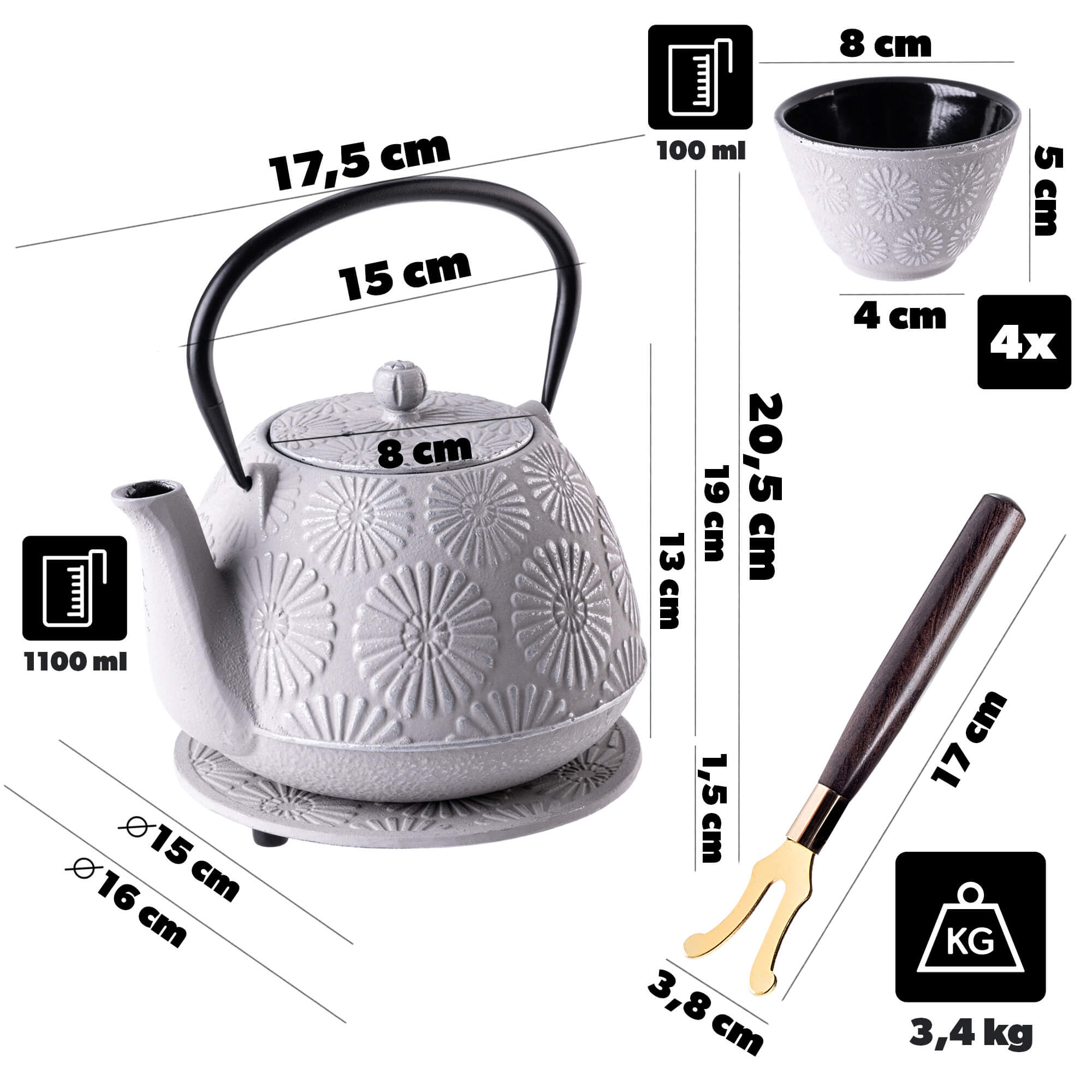 Czajnik żeliwny z czarkami i zaparzaczem Genua biały