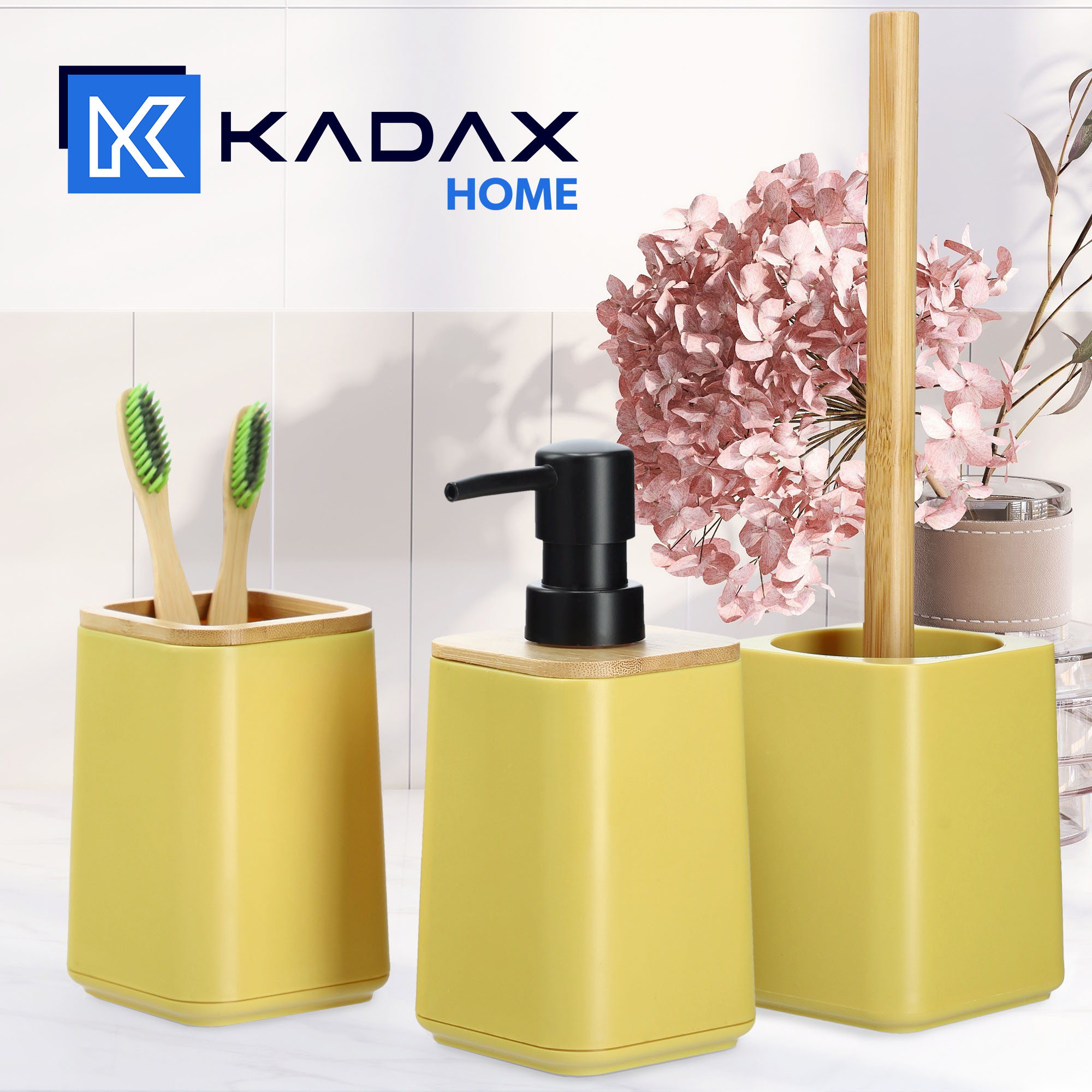 Zestaw Carrara Dozownik na mydło + Kubek łazienkowy + Szczotka WC, żółty