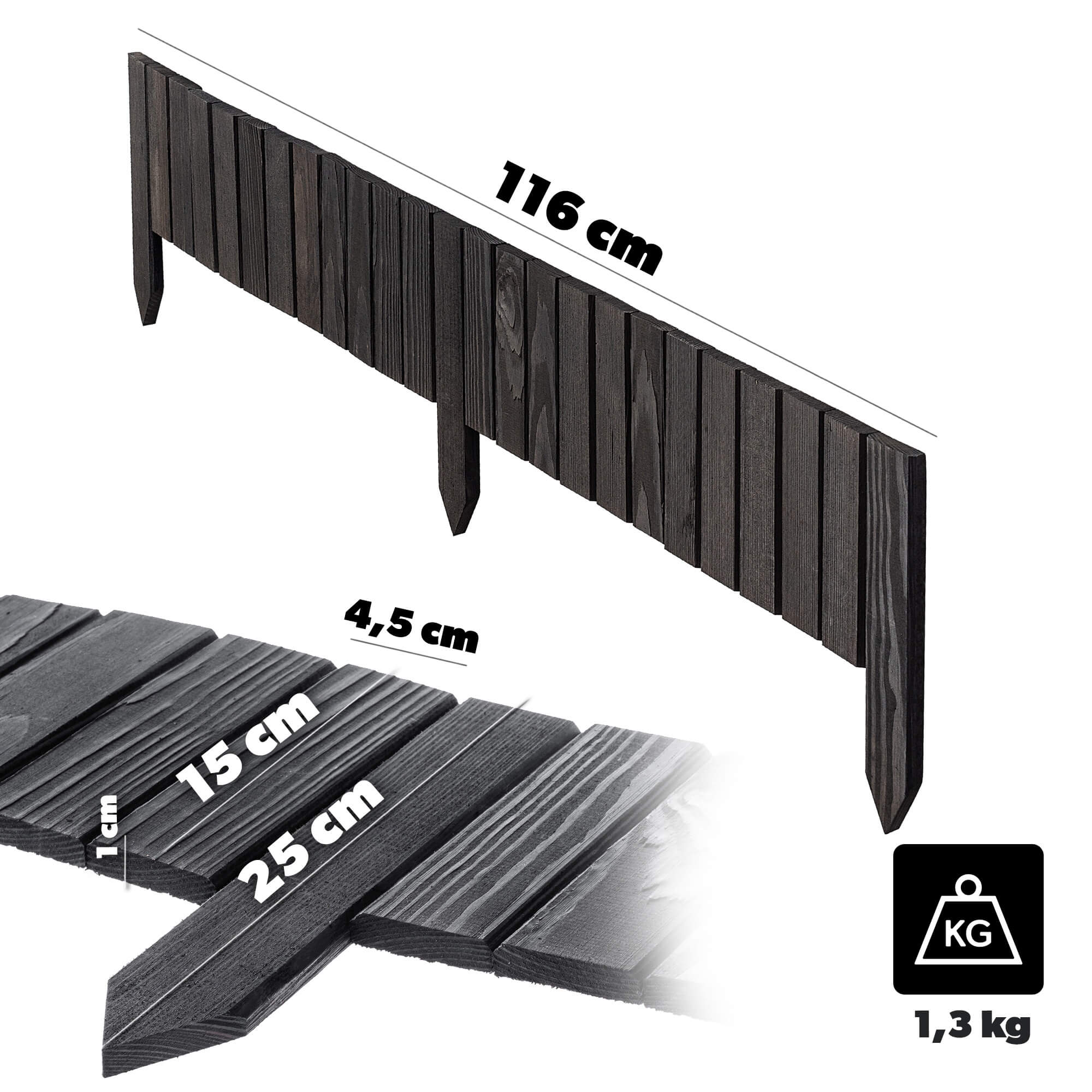 Płotek drewniany rollborder Ansjo obrzeże 115 x 15 cm antracyt