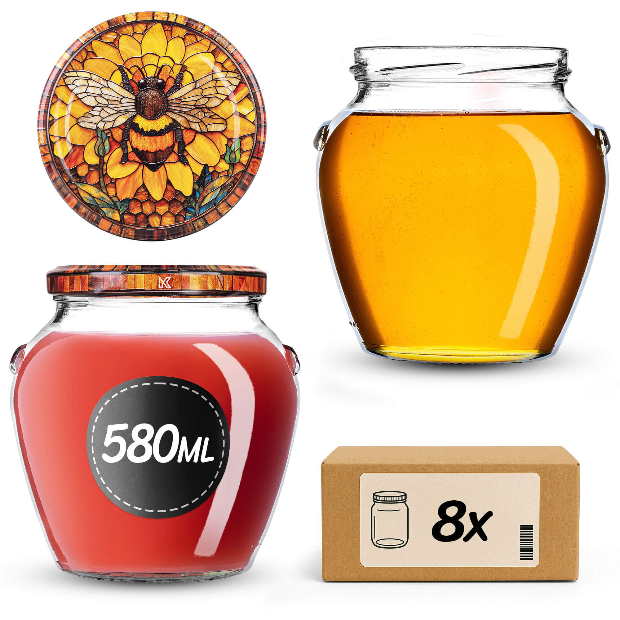 Słoiki na przetwory Sassa 580ml 8szt 82mm + wieczka "Witraż z pszczołą"