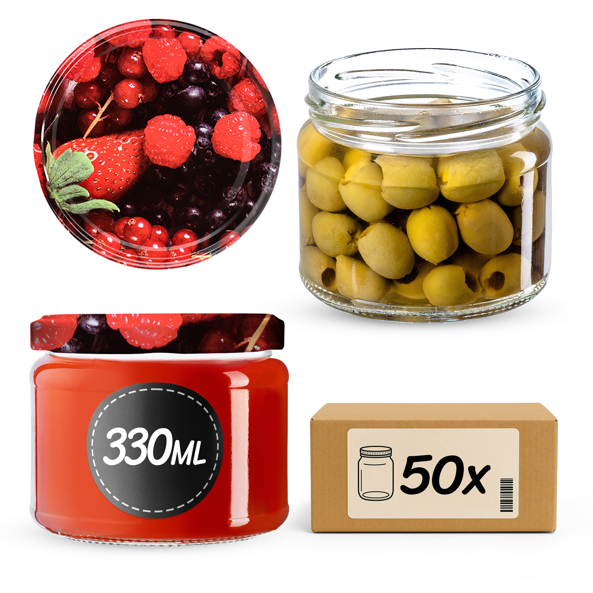 Słoiki na przetwory Sonka 330ml 50szt 82mm + wieczka "Owoce"