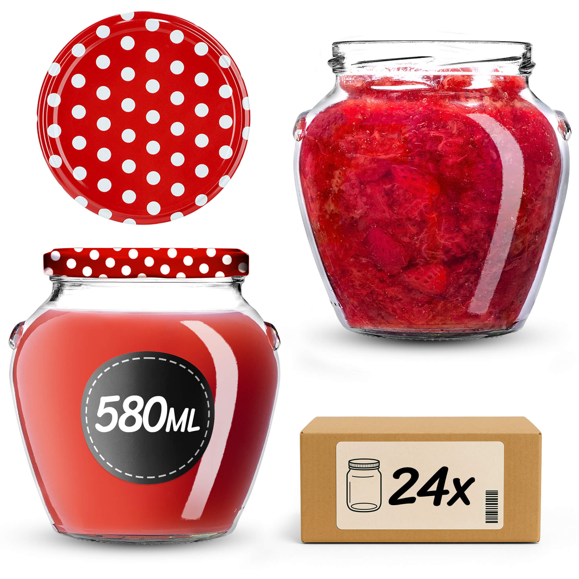 Słoiki na przetwory Sassa 580ml 24szt 82mm + wieczka "Czerwony groszek"