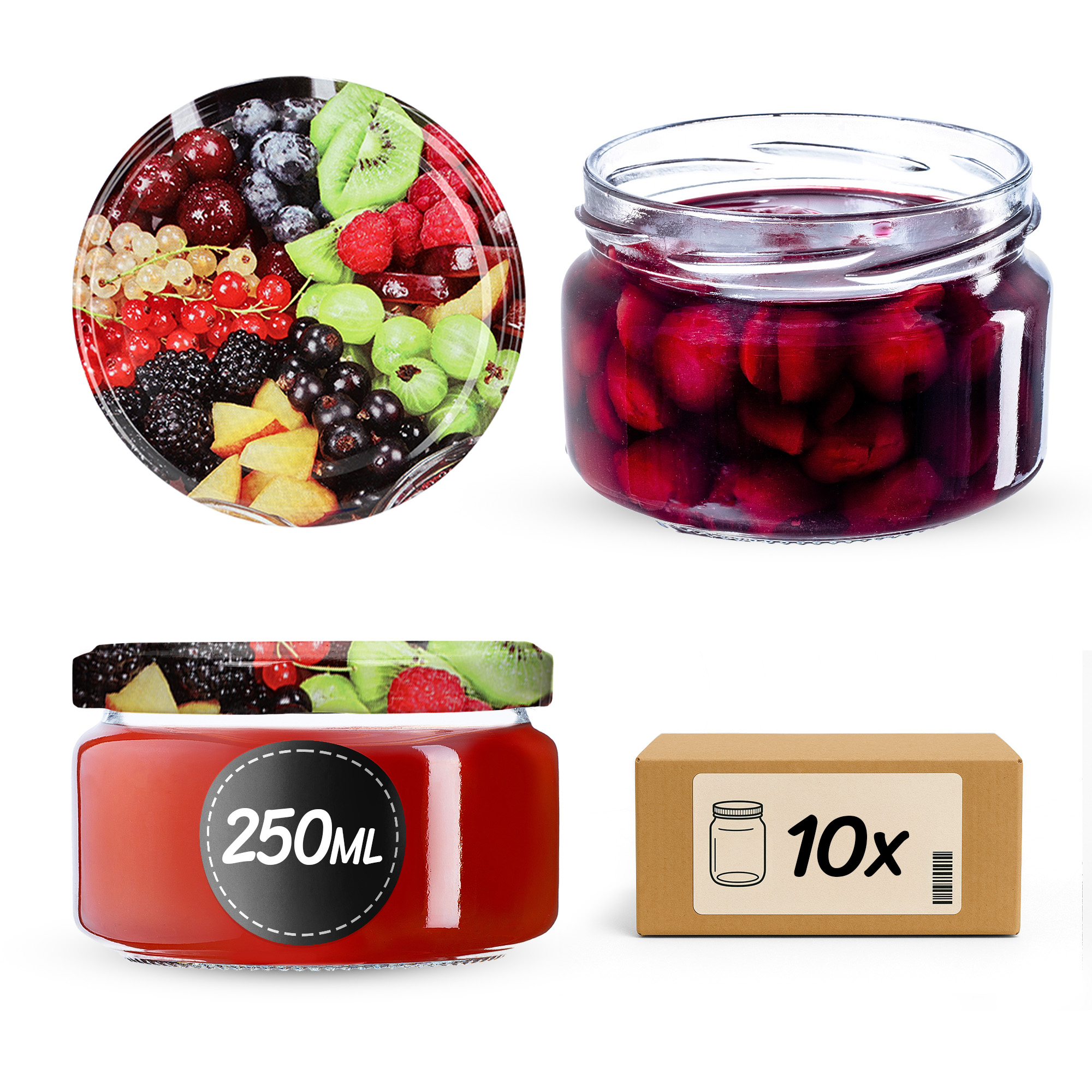 Słoiki na przetwory Denia 250ml 10szt 82mm + wieczko "Owoce"