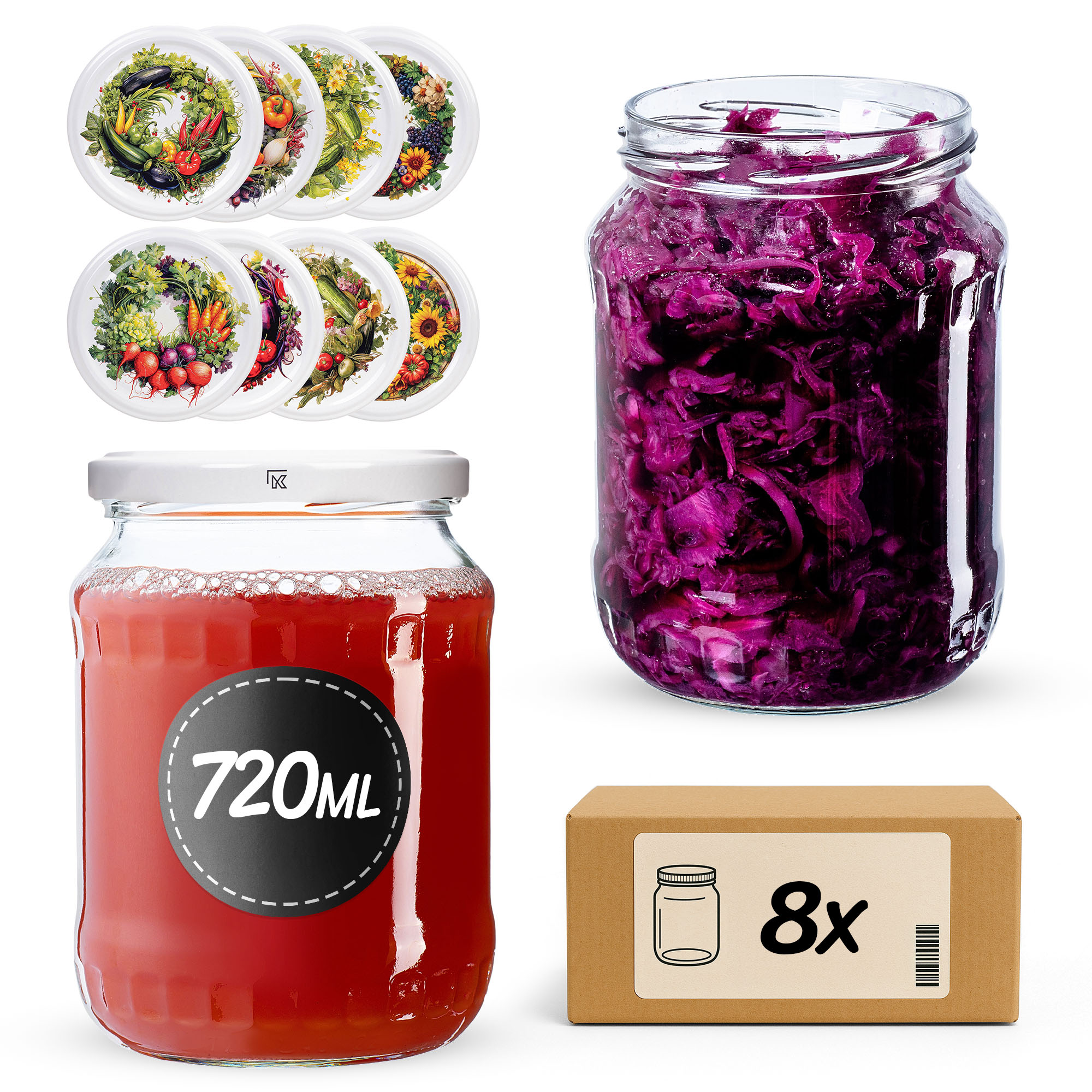 Słoiki na przetwory Jukka 720ml fi82mm 8szt + wieczko Garden wreath