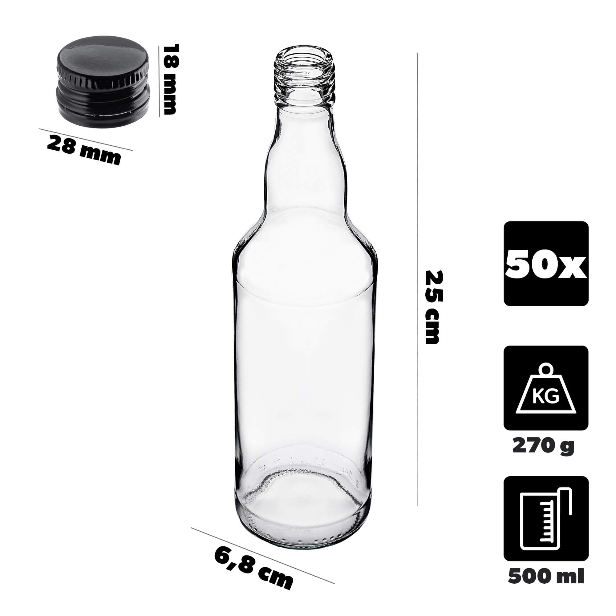 Szklana butelka Monopol 500ml z czarną zakrętką 50 szt.