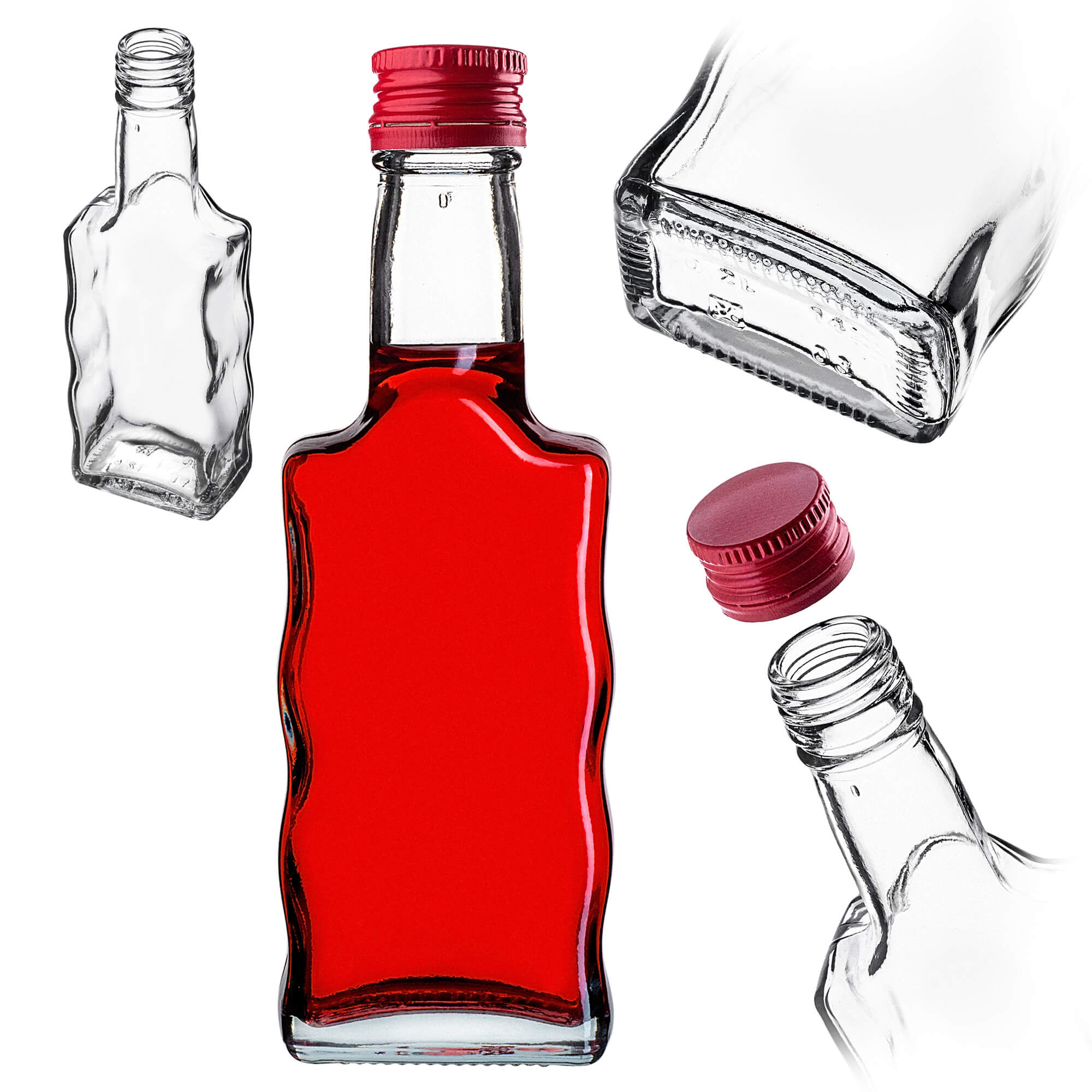 Szklana butelka na nalewkę Fala 200ml z czerwoną zakrętką 1 szt.