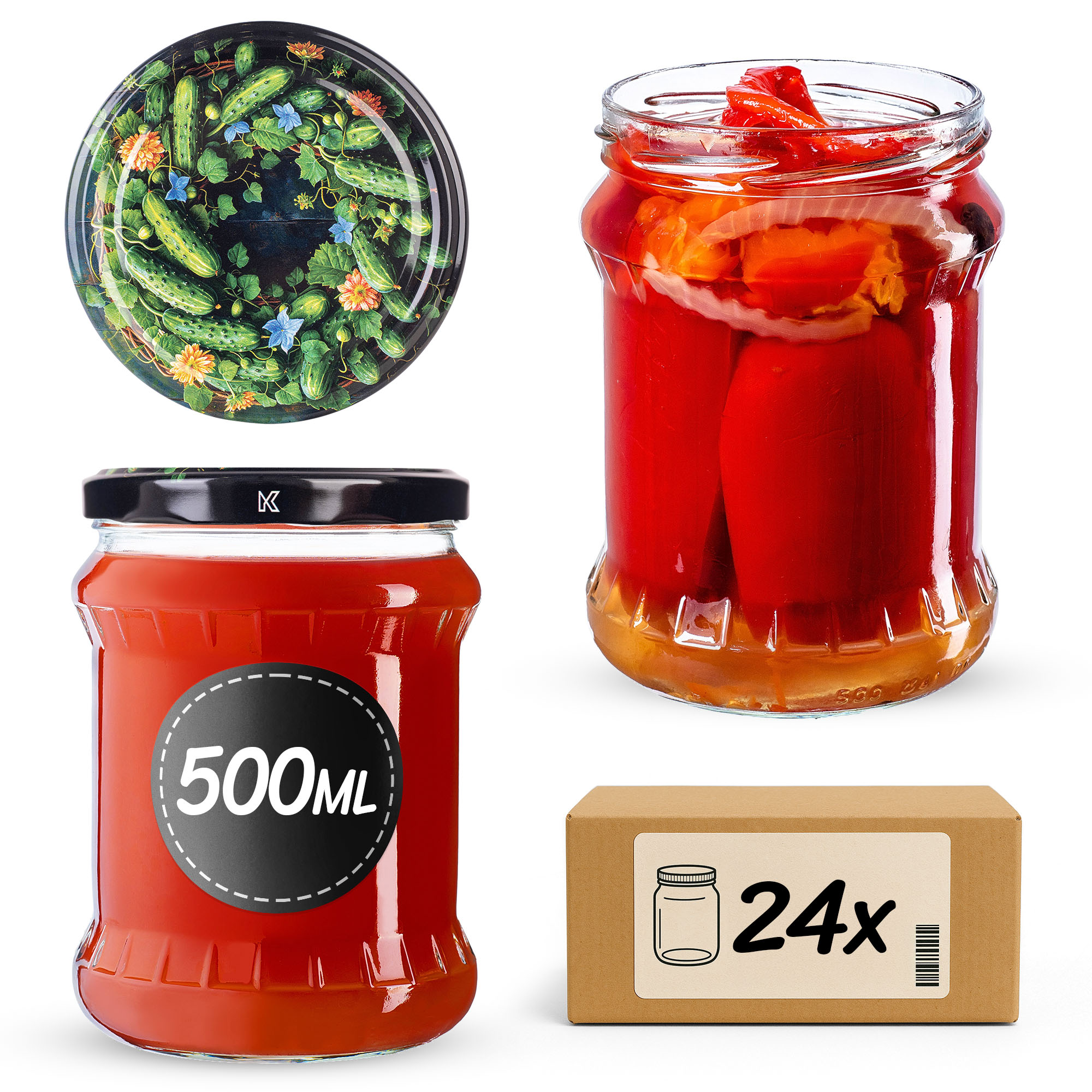 Słoiki na przetwory Kisko 500ml fi82mm 24szt + wieczko Ogórki czarne