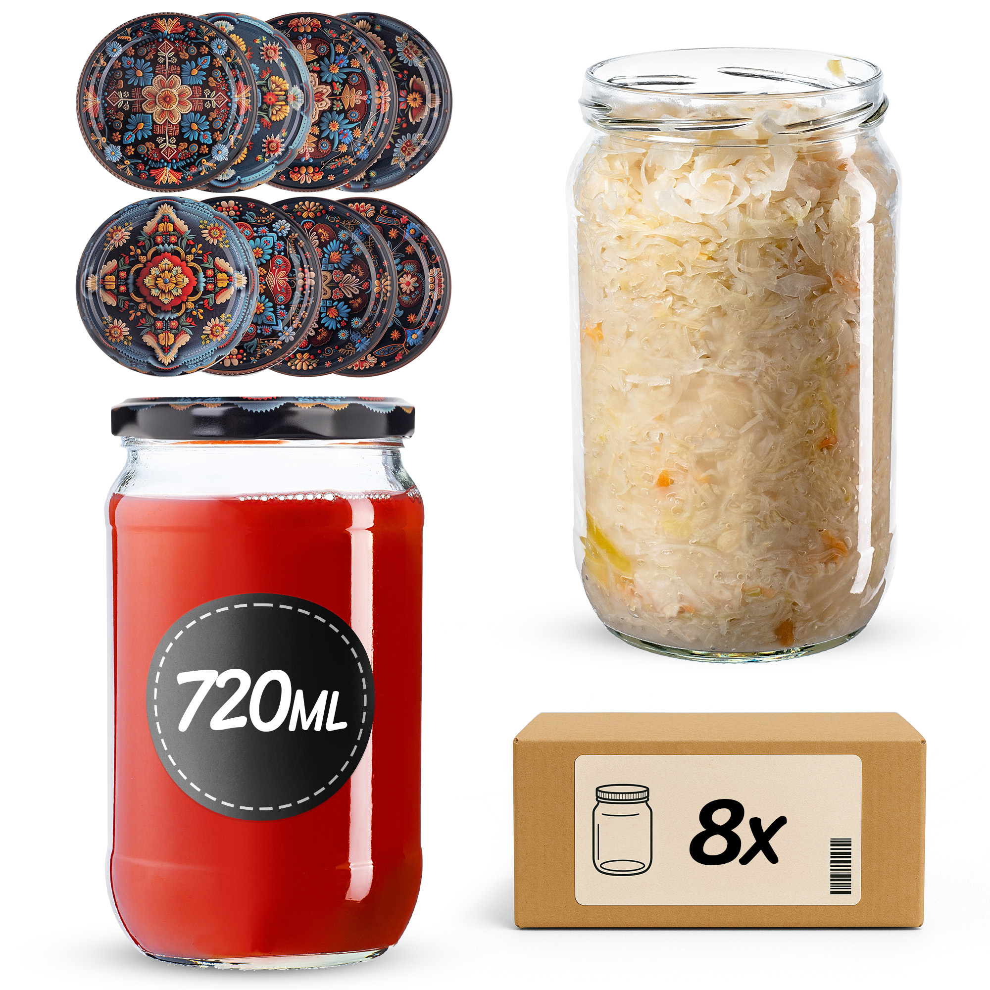 Słoiki na przetwory Niva 720ml fi82mm 8szt + wieczko Haftowanka