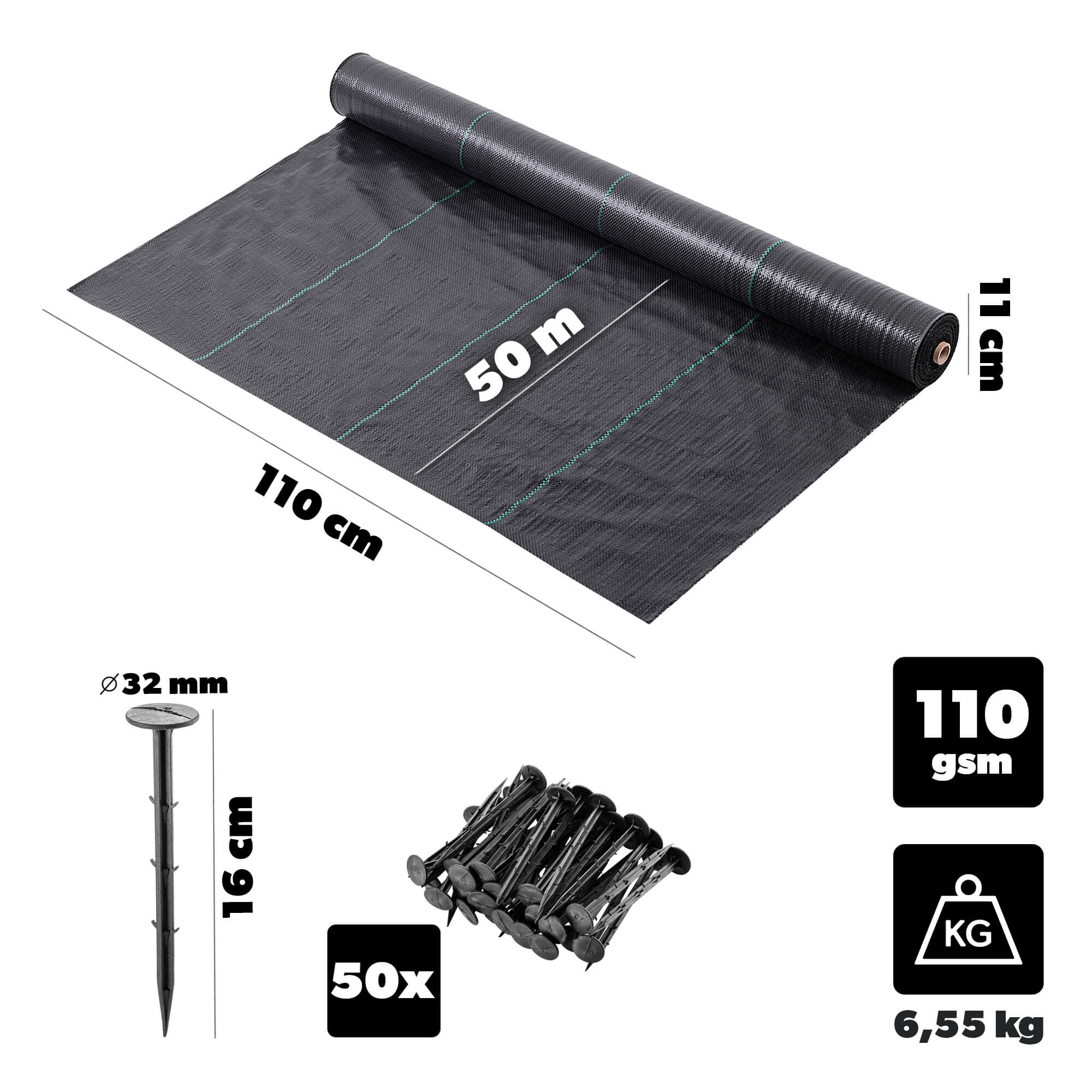 Agrotkanina ogrodowa Auros 1.1 x 50m 110 g/m² czarna + kołki 50 szt.