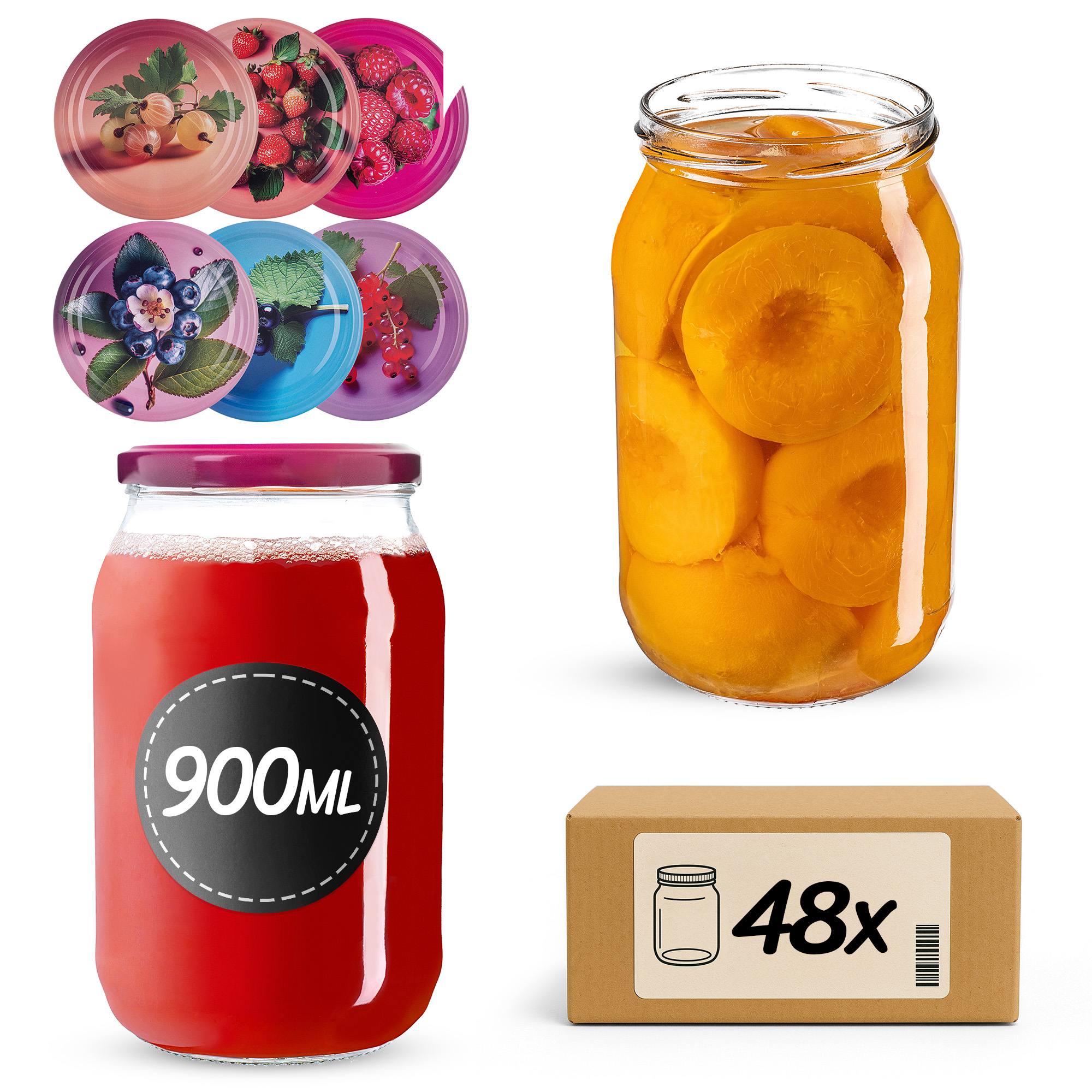 Słoiki na przetwory Simo 900ml fi82mm 48szt + wieczko Jagodowy mix