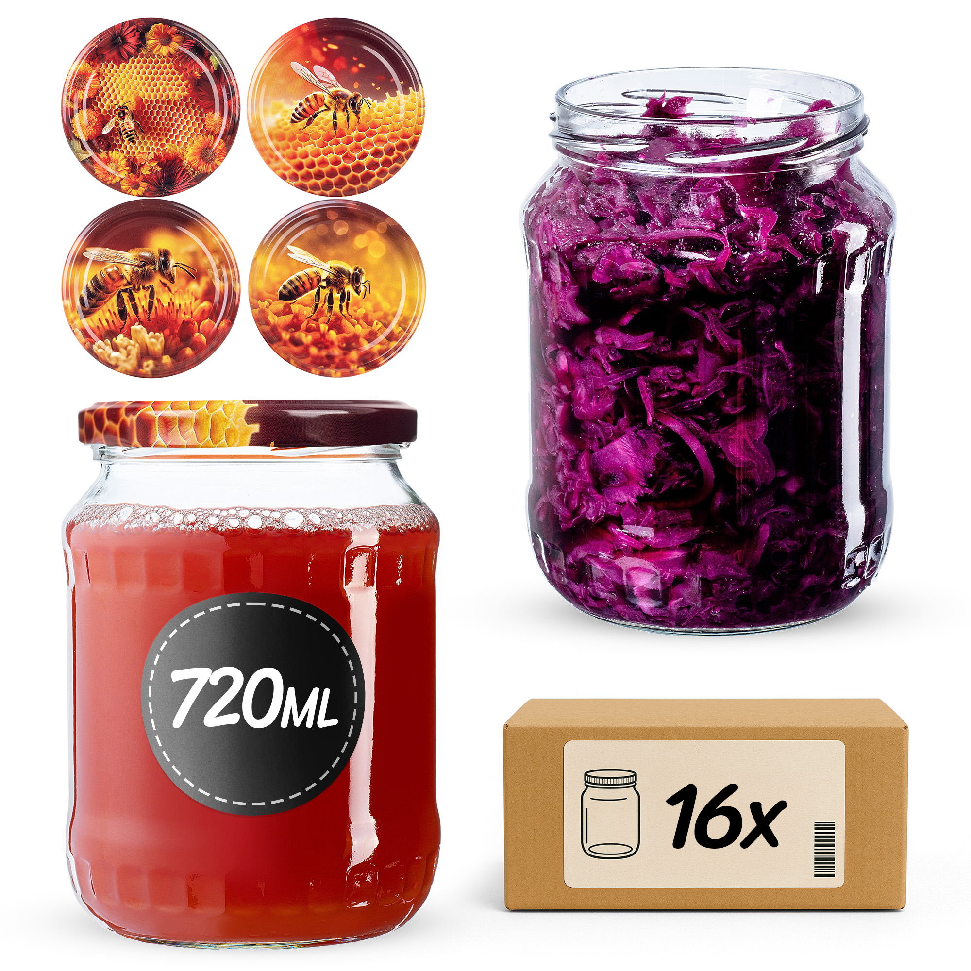 Słoiki na przetwory Jukka 720ml fi82mm 16szt + wieczko Zestaw miodowy