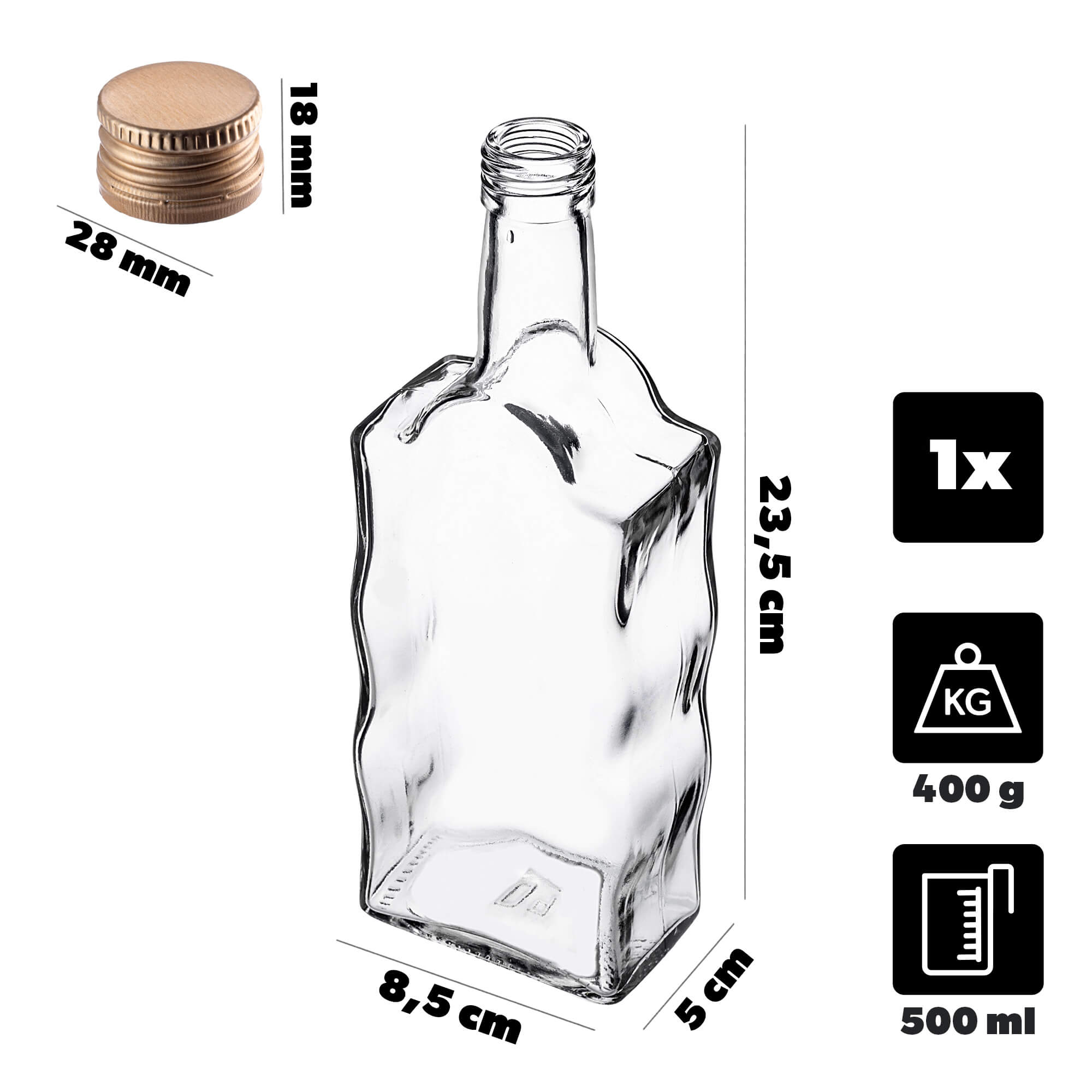 Szklana butelka na nalewkę Fala 500ml ze złotą zakrętką 1 szt.