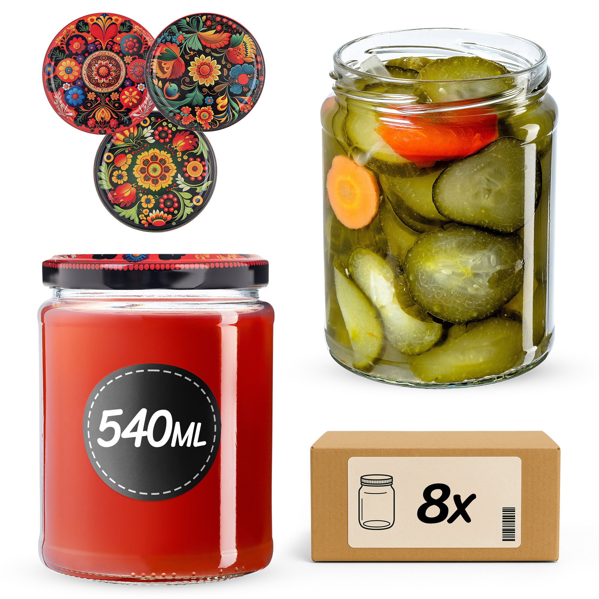 Słoiki na przetwory Maki 540ml fi82mm 8szt + wieczko Haftowanka