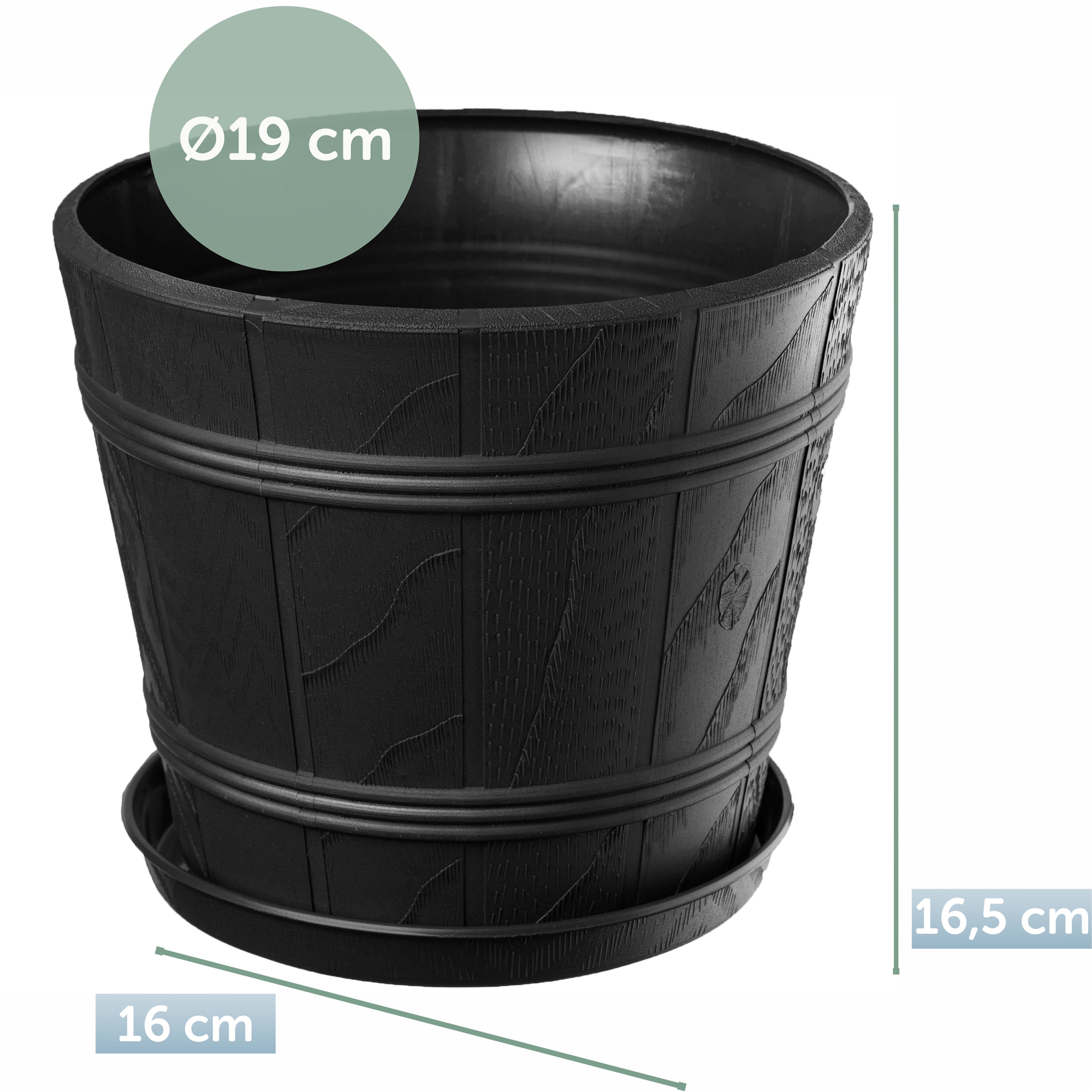 Doniczka drewnopodobna 19 cm, grafit