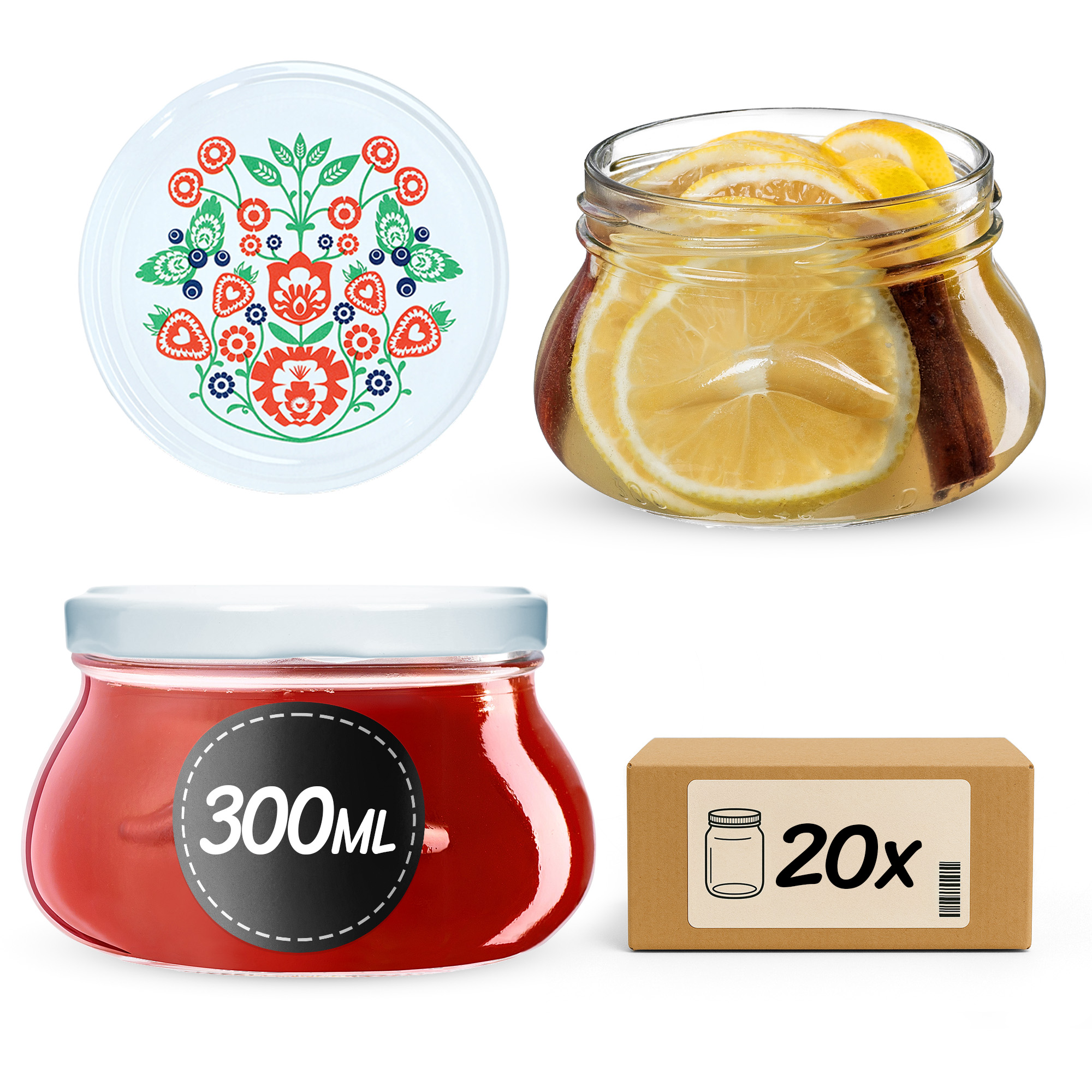 Słoiki na przetwory Raja 300ml 20szt 82mm + wieczka "Folklor"