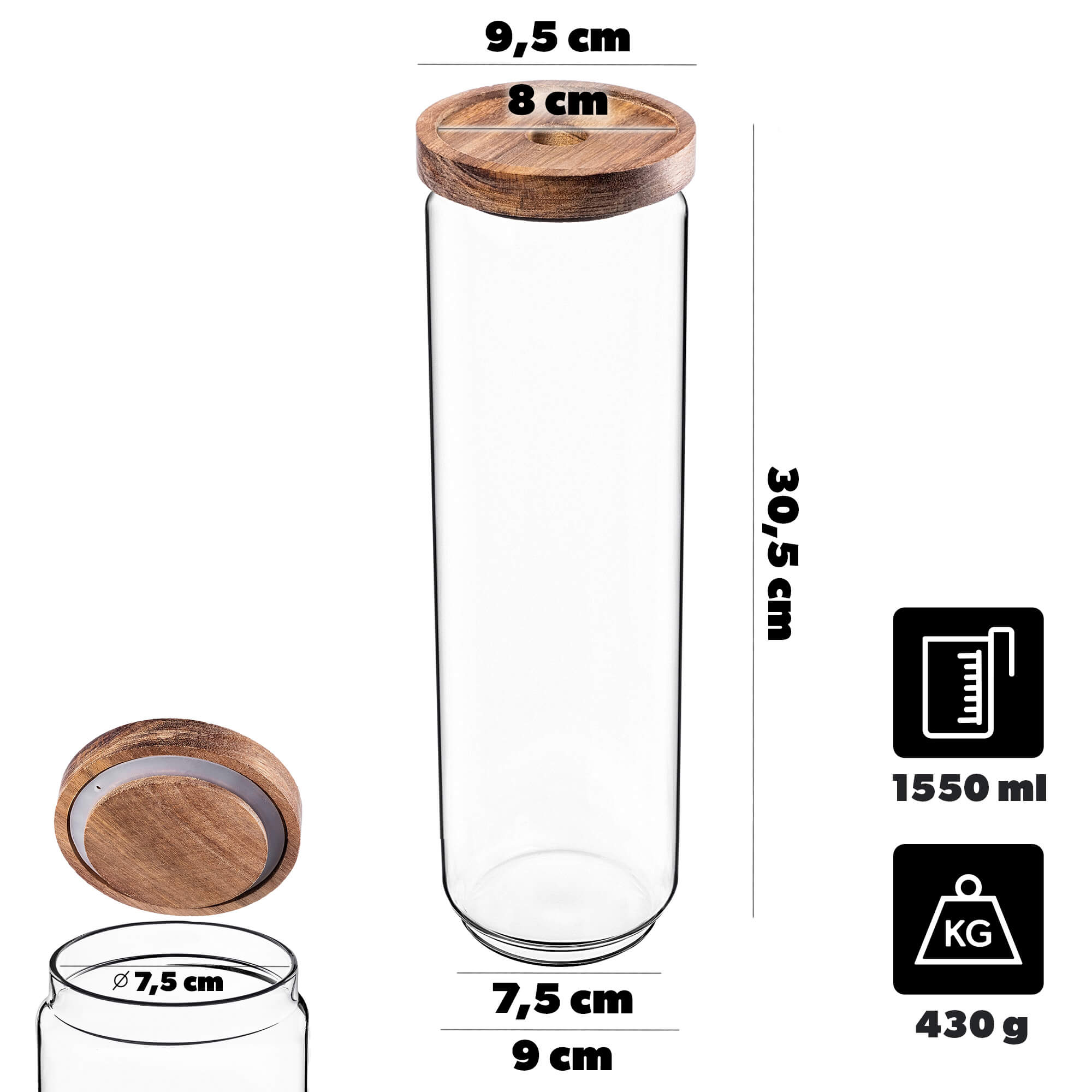 Pojemnik szklany na żywność Rucce z drewnianą pokrywką 1550ml