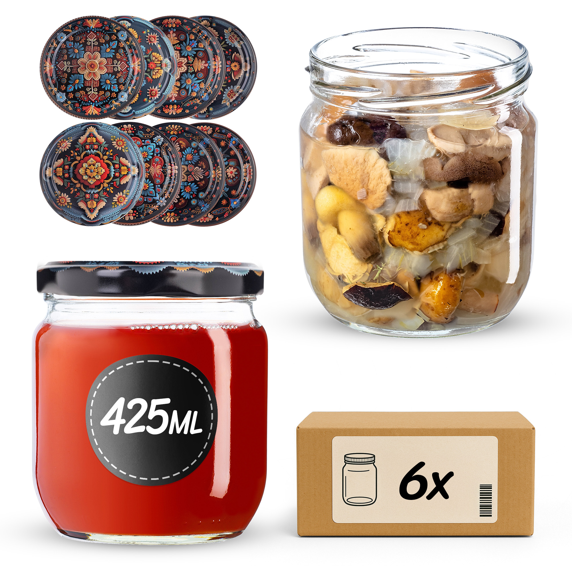 Słoiki na przetwory Salla 425ml fi82mm 6szt + wieczko Haftowanka